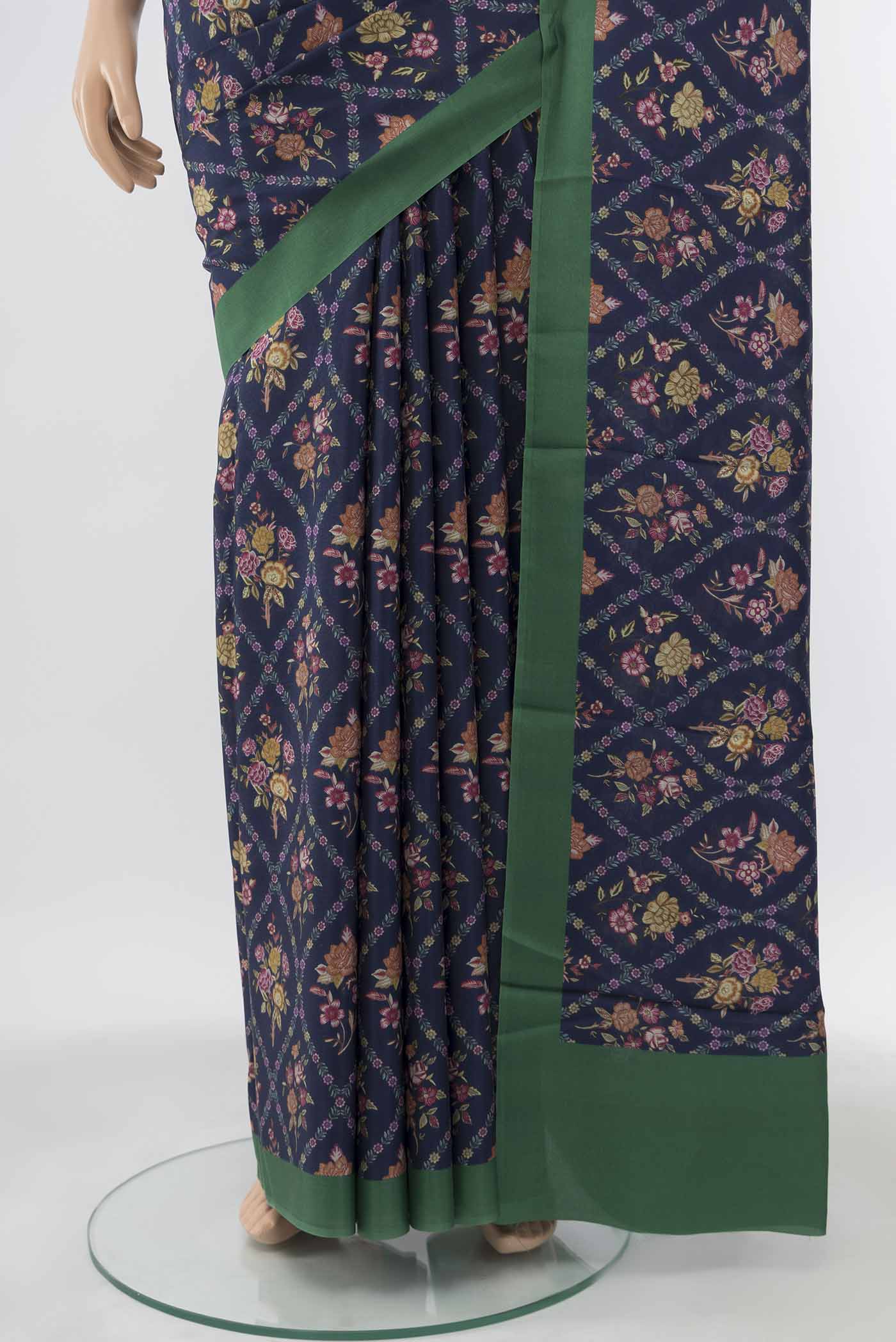 Navy Blue Printed Silk Saree - Image 3