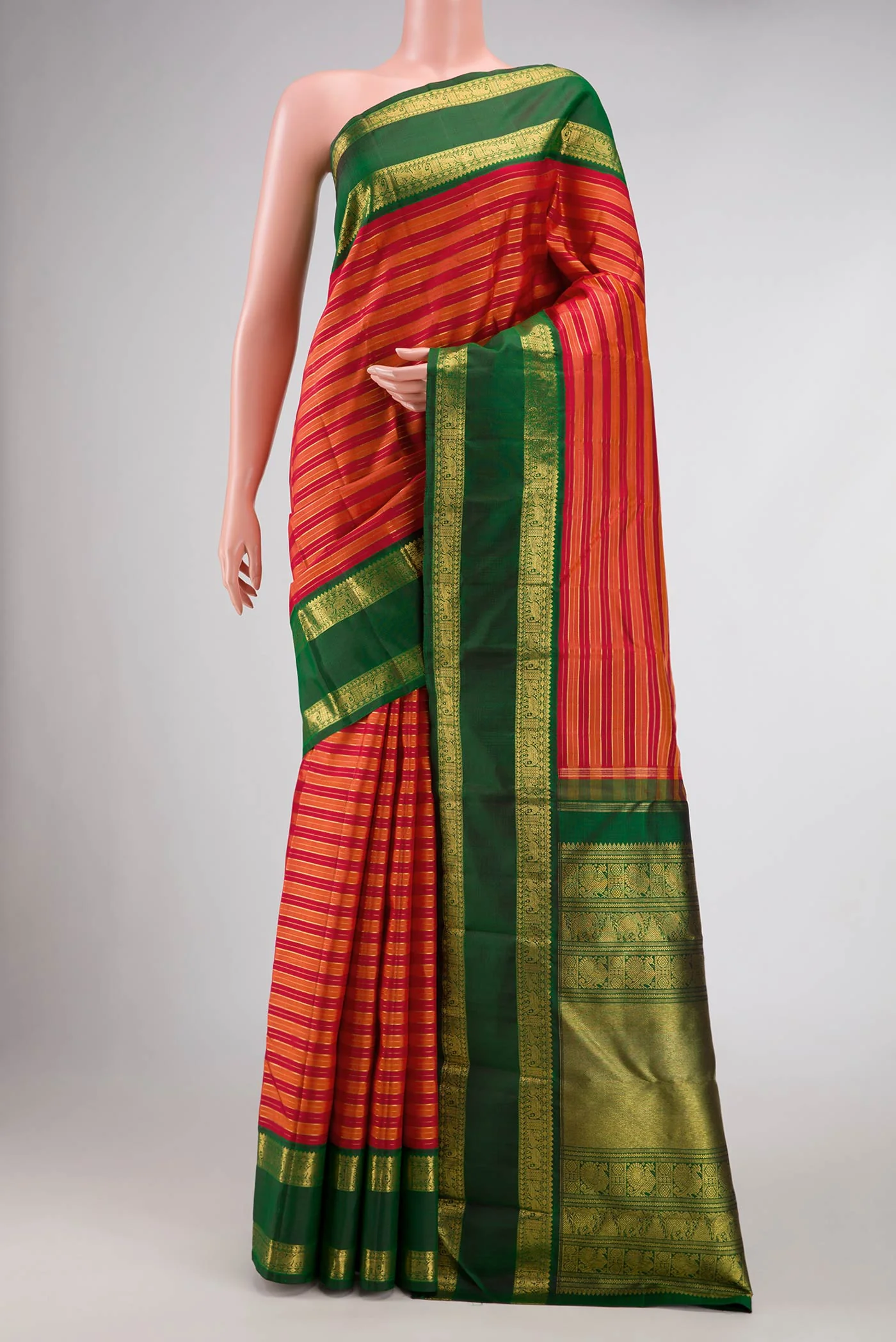 Pure Silk Pure Zari Orange Dual Tone Kanjivaram Saree