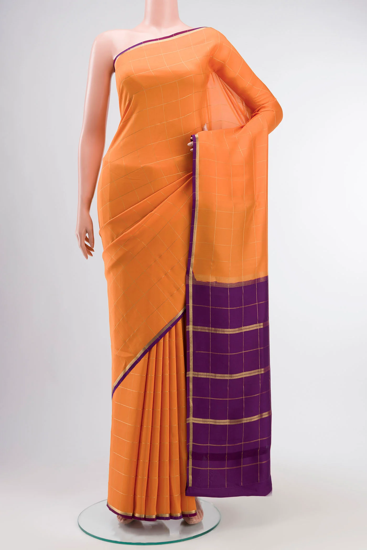 Pure Silk Pure Zari Orange Mysore Crepe Saree