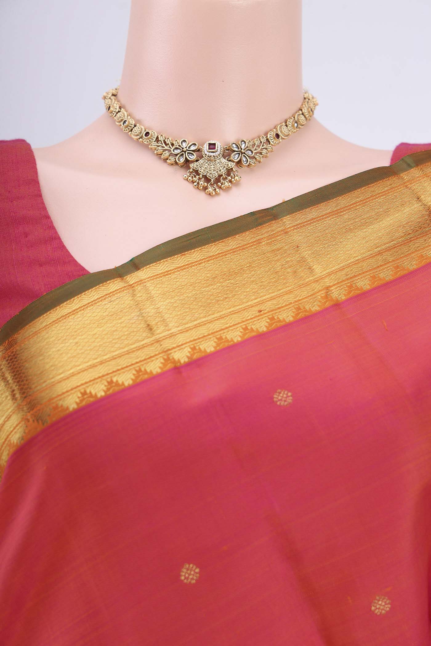 Pure Silk Pure Zari Pink with Orange Color Kanjivaram Saree - Image 2