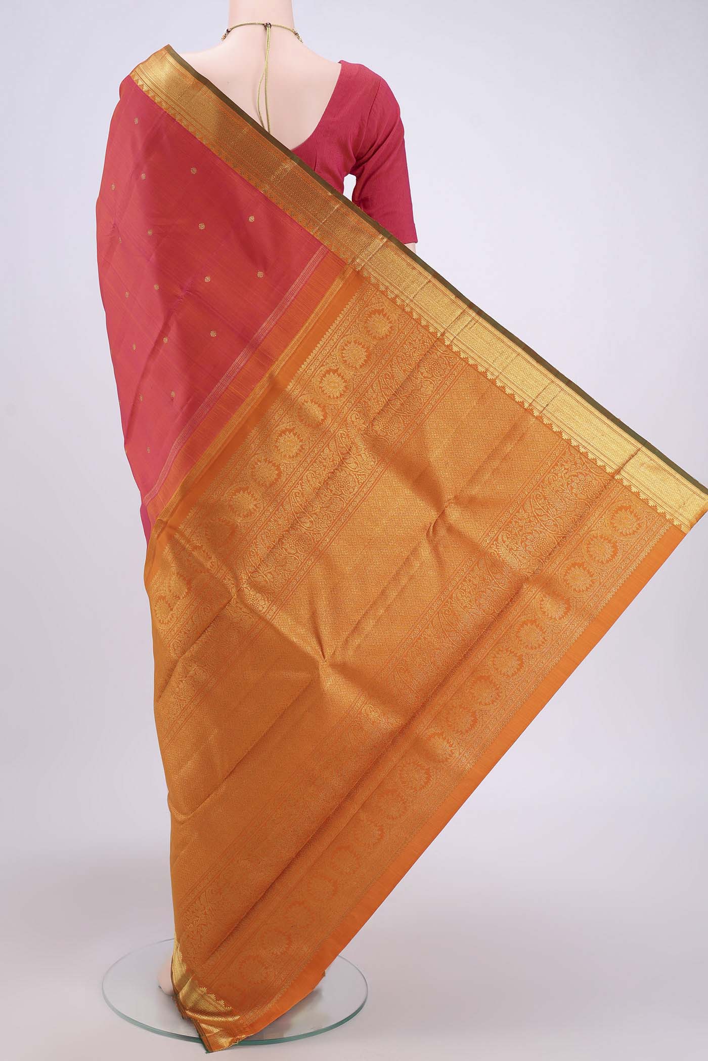 Pure Silk Pure Zari Pink with Orange Color Kanjivaram Saree - Image 3