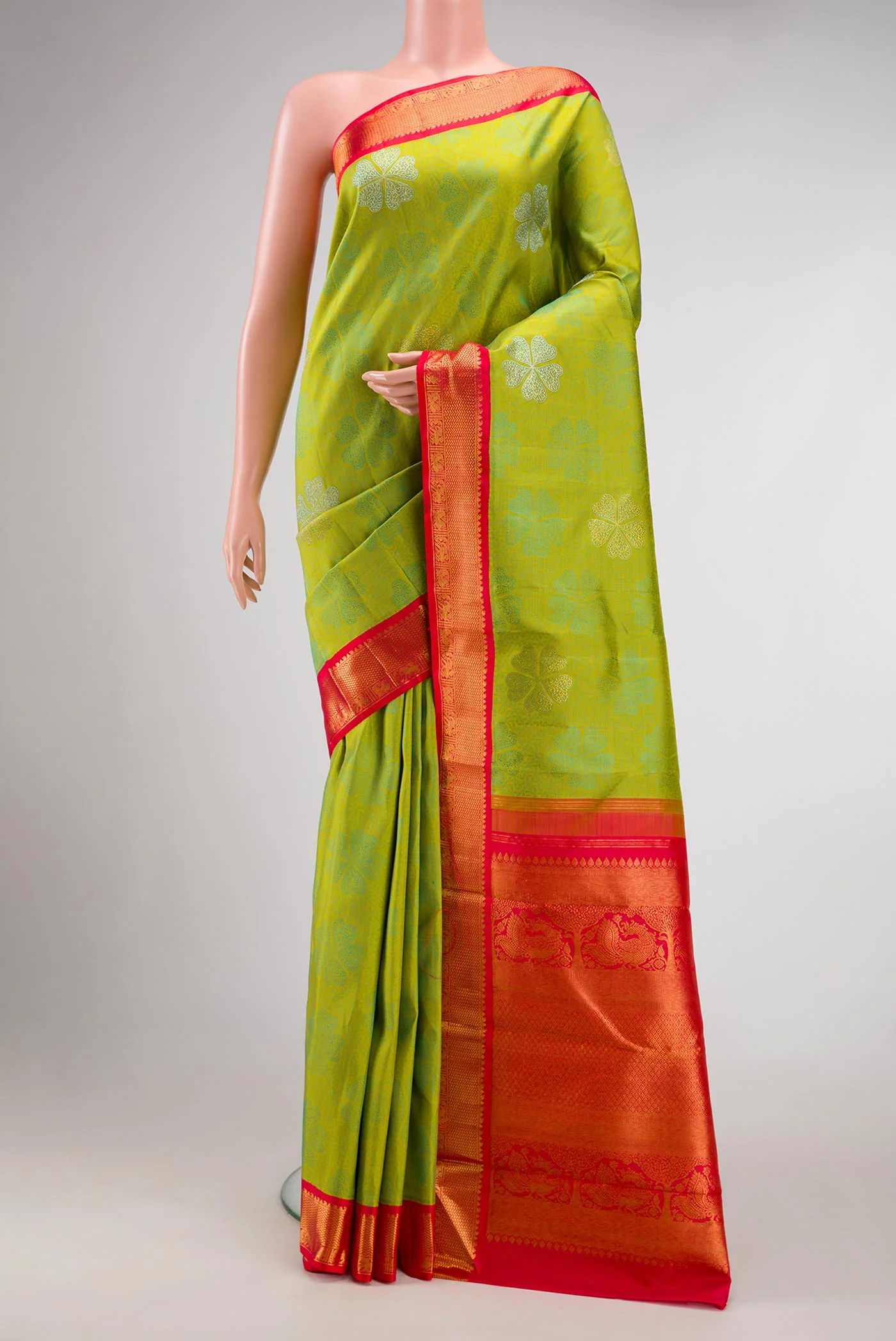Pure Silk Pure Zari Parrot Green Kanchipuram Saree