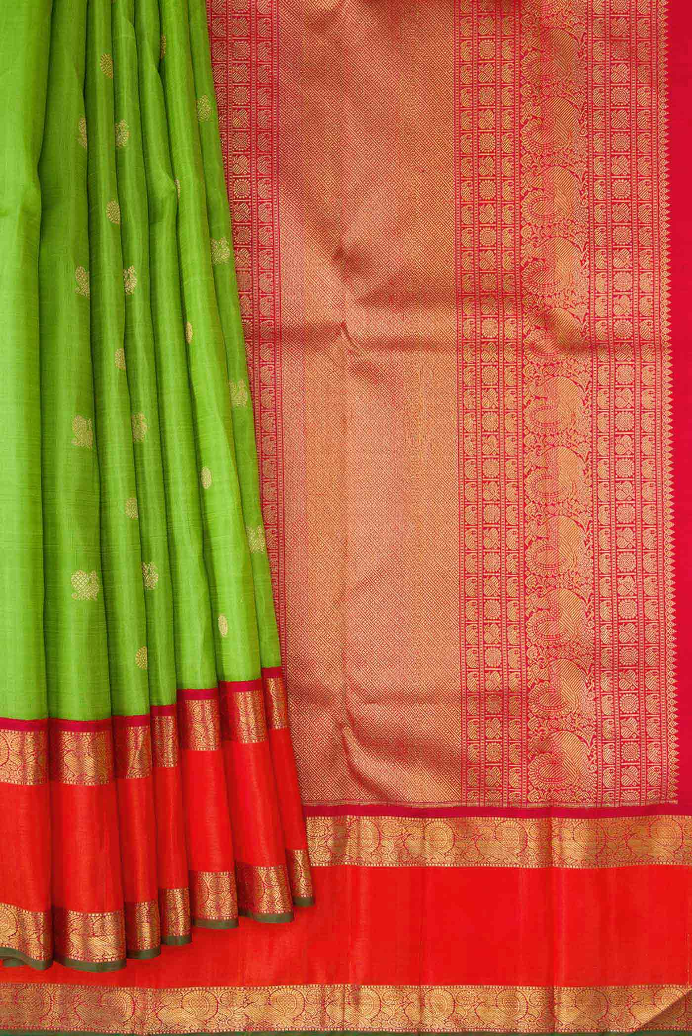 Pure Silk Pure Zari Parrot Green Dual Tone Kanjivaram Saree - Image 4