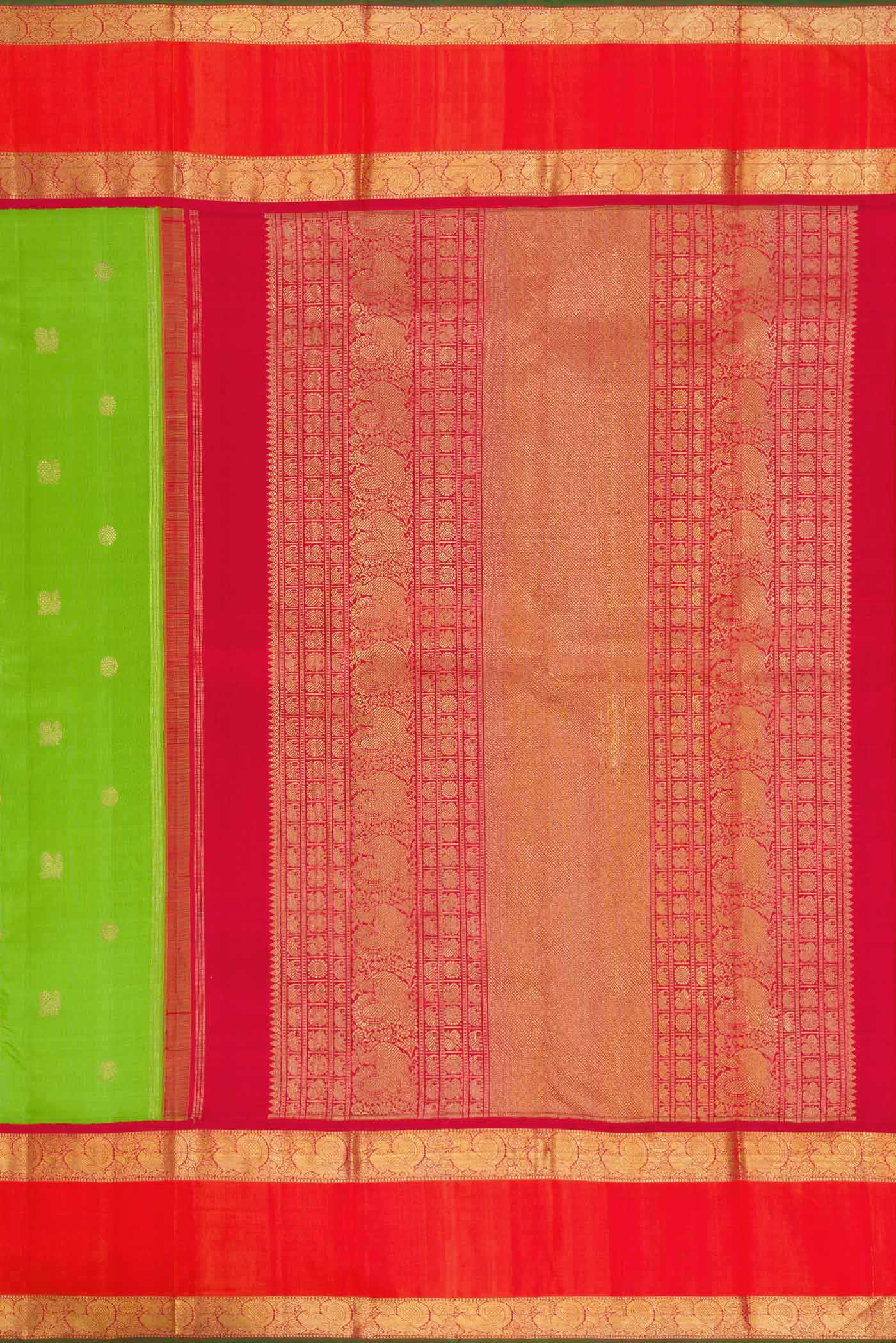 Pure Silk Pure Zari Parrot Green Dual Tone Kanjivaram Saree - Image 7