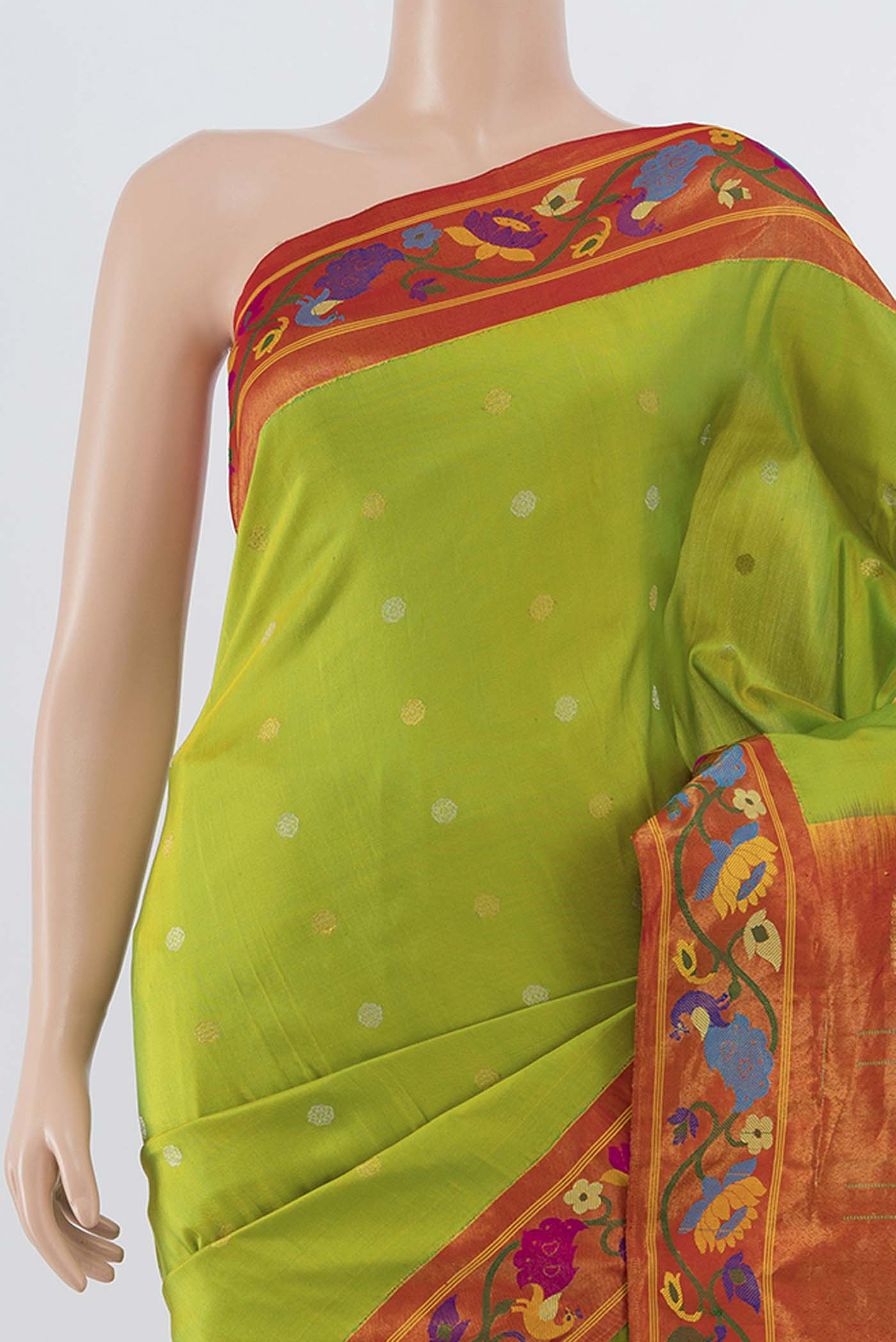 Pure Silk Pure Zari Parrot Green Gadwal Saree - Image 2