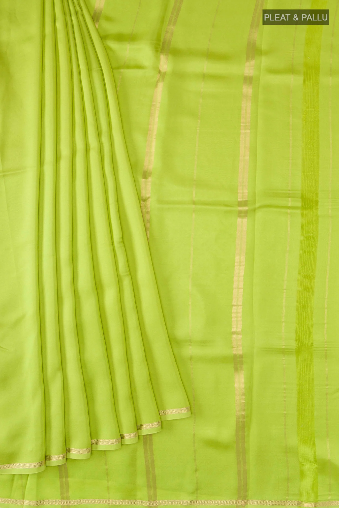 Pure Silk Pure Zari Parrot Green Mysore Crepe Saree - Image 4
