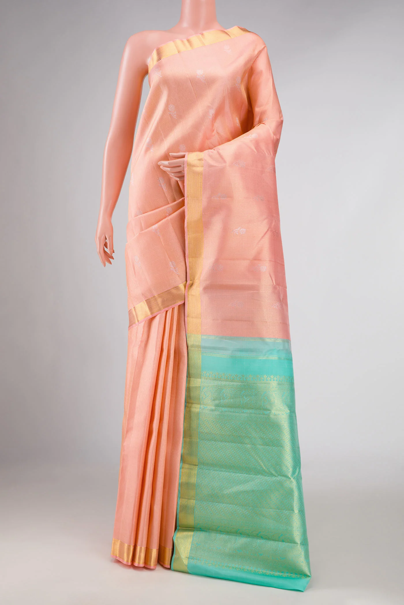 Pure Silk Pure Zari Peach Dual Tone Kanjivaram Saree