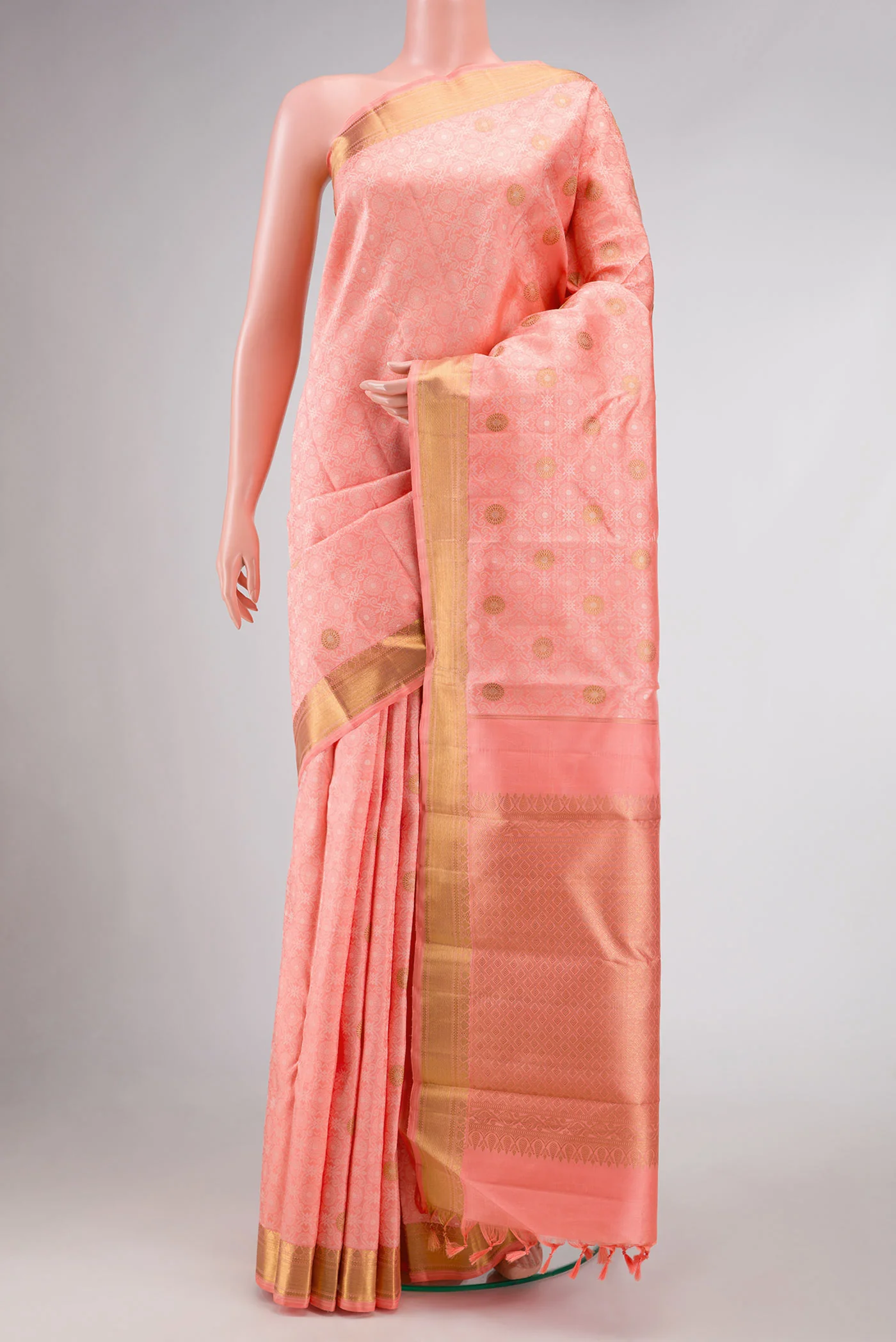 Pure Silk Pure Zari Peach Dual Tone Kanchipuram Saree