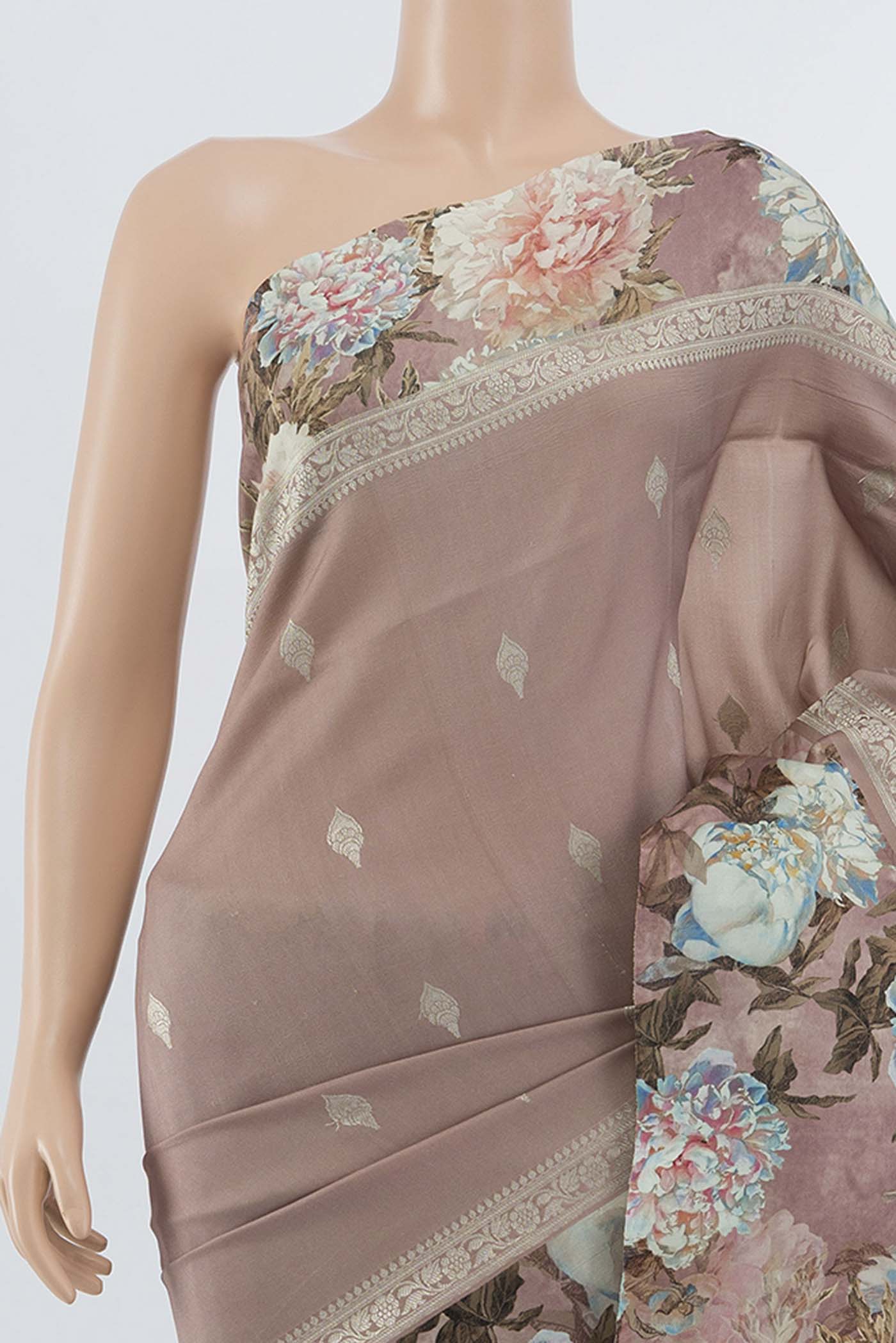 Pure Silk Pure Zari Peach Printed Saree - Image 2