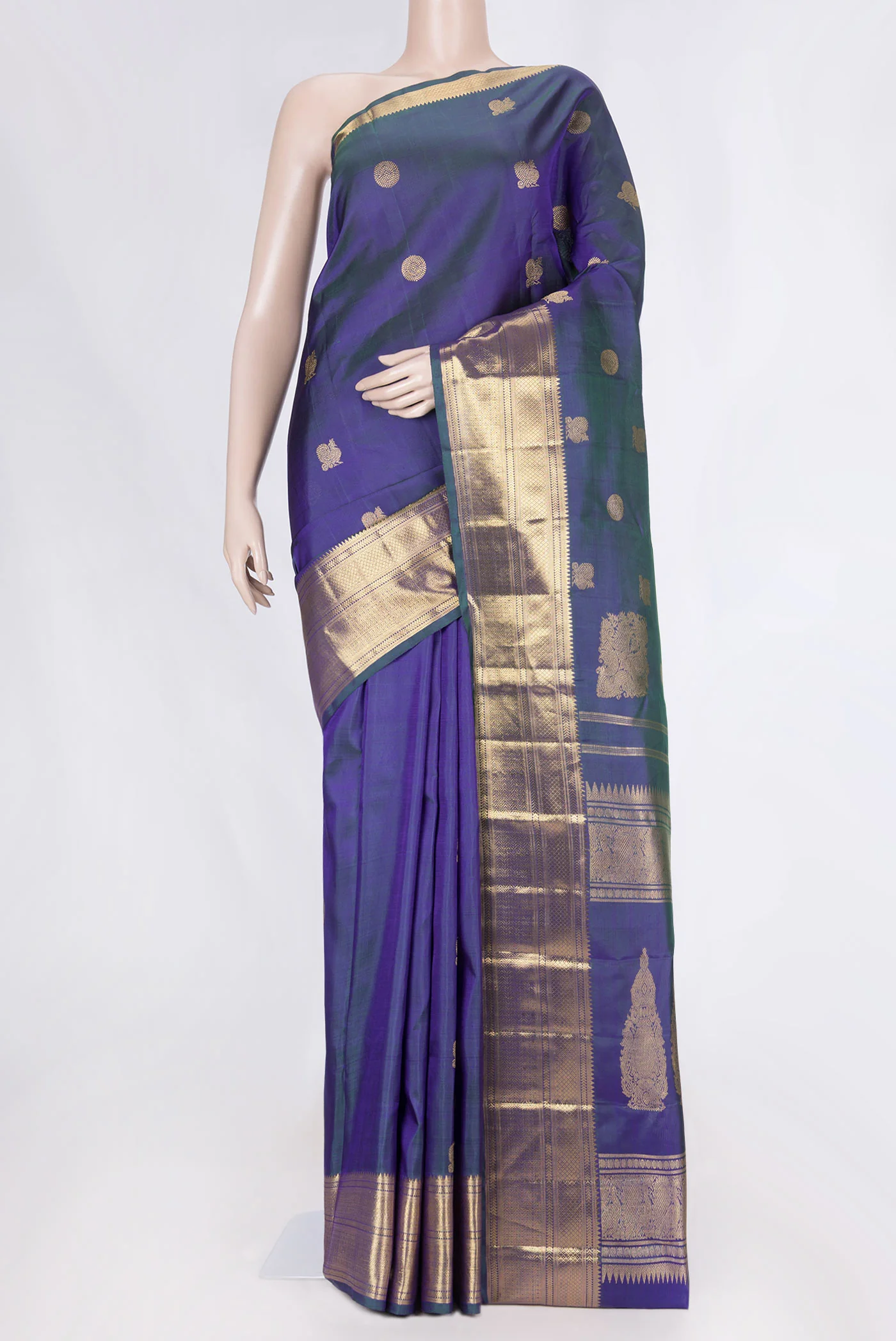Pure Silk Pure Zari Peacock Blue Dual Tone Kanjivaram Saree
