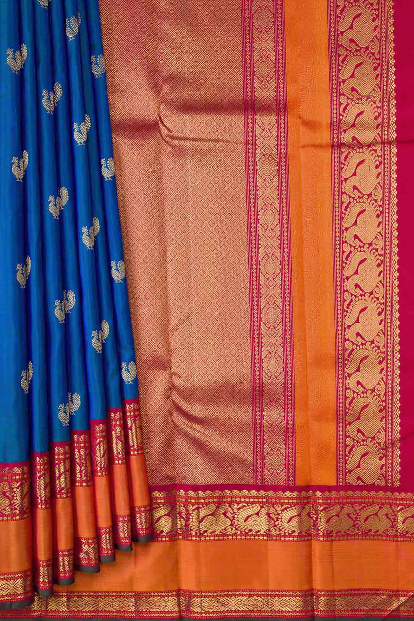 Pure Silk Pure Zari Peacock Blue Dual Tone Kanjivaram Saree - Image 4