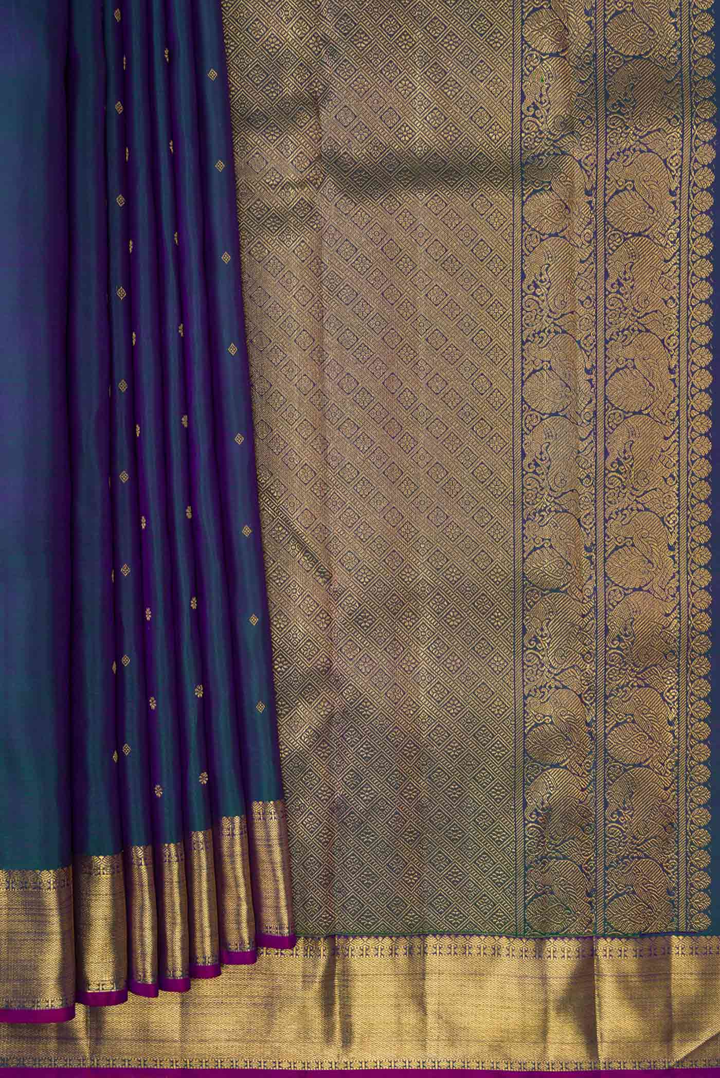Pure Silk Pure Zari Peacock Blue Dual Tone Kanjivaram Saree - Image 4