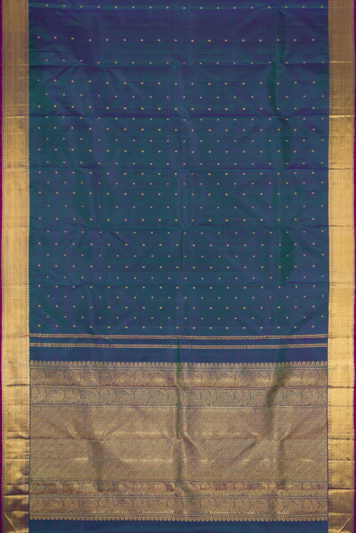 Pure Silk Pure Zari Peacock Blue Dual Tone Kanjivaram Saree - Image 6