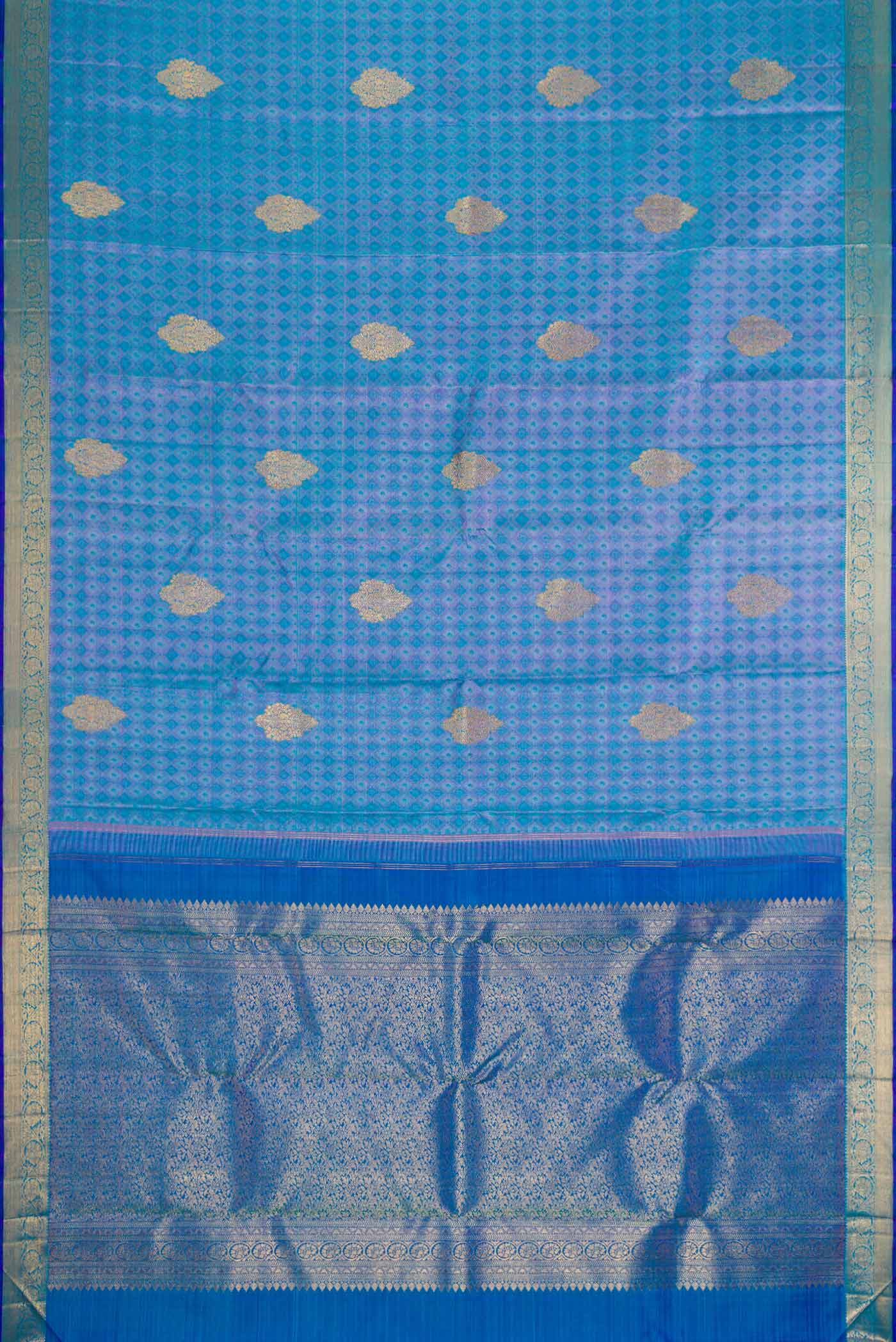 Pure Silk Pure Zari Peacock Blue Dual Tone Kanchipuram Saree - Image 6