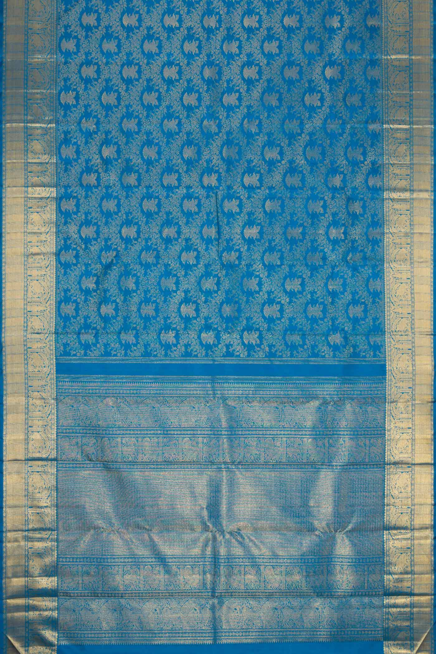 Pure Silk Pure Zari Peacock Blue Dual Tone Kanjivaram Saree - Image 6