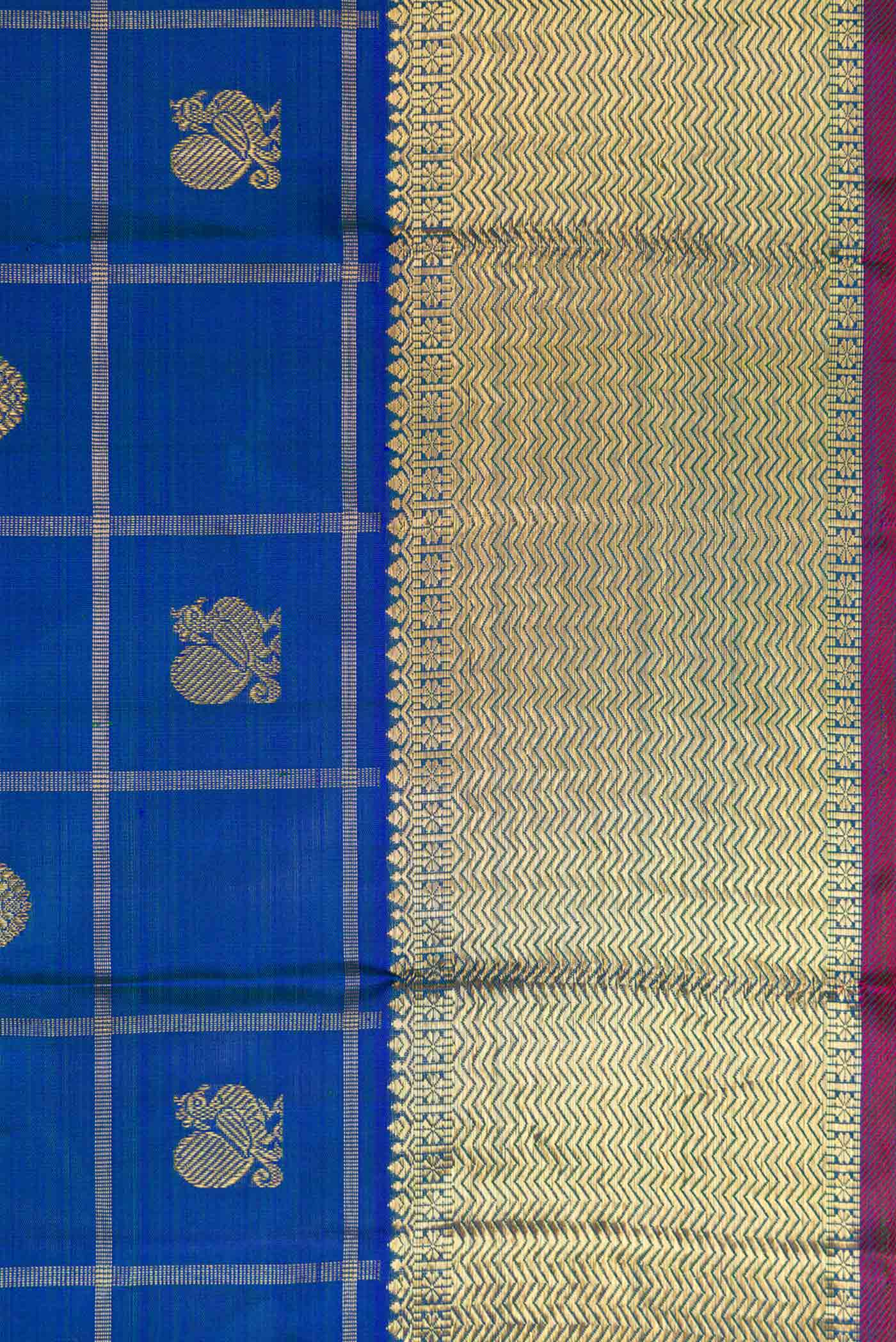 Pure Silk Pure Zari Peacock Blue Dual Tone Kanjivaram Saree - Image 3