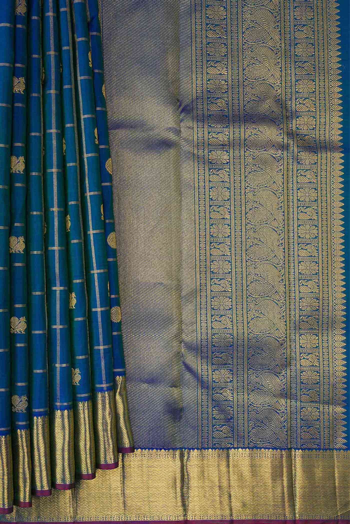 Pure Silk Pure Zari Peacock Blue Dual Tone Kanjivaram Saree - Image 4