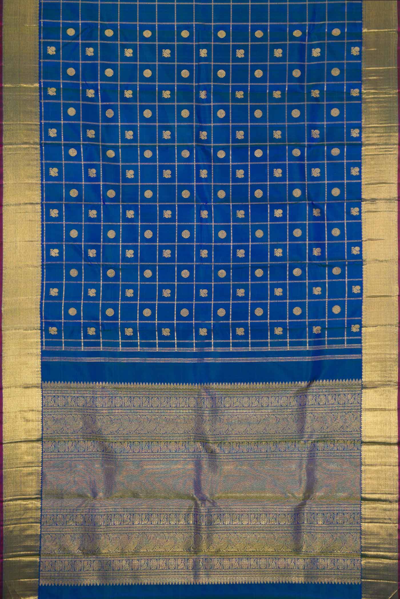 Pure Silk Pure Zari Peacock Blue Dual Tone Kanjivaram Saree - Image 6