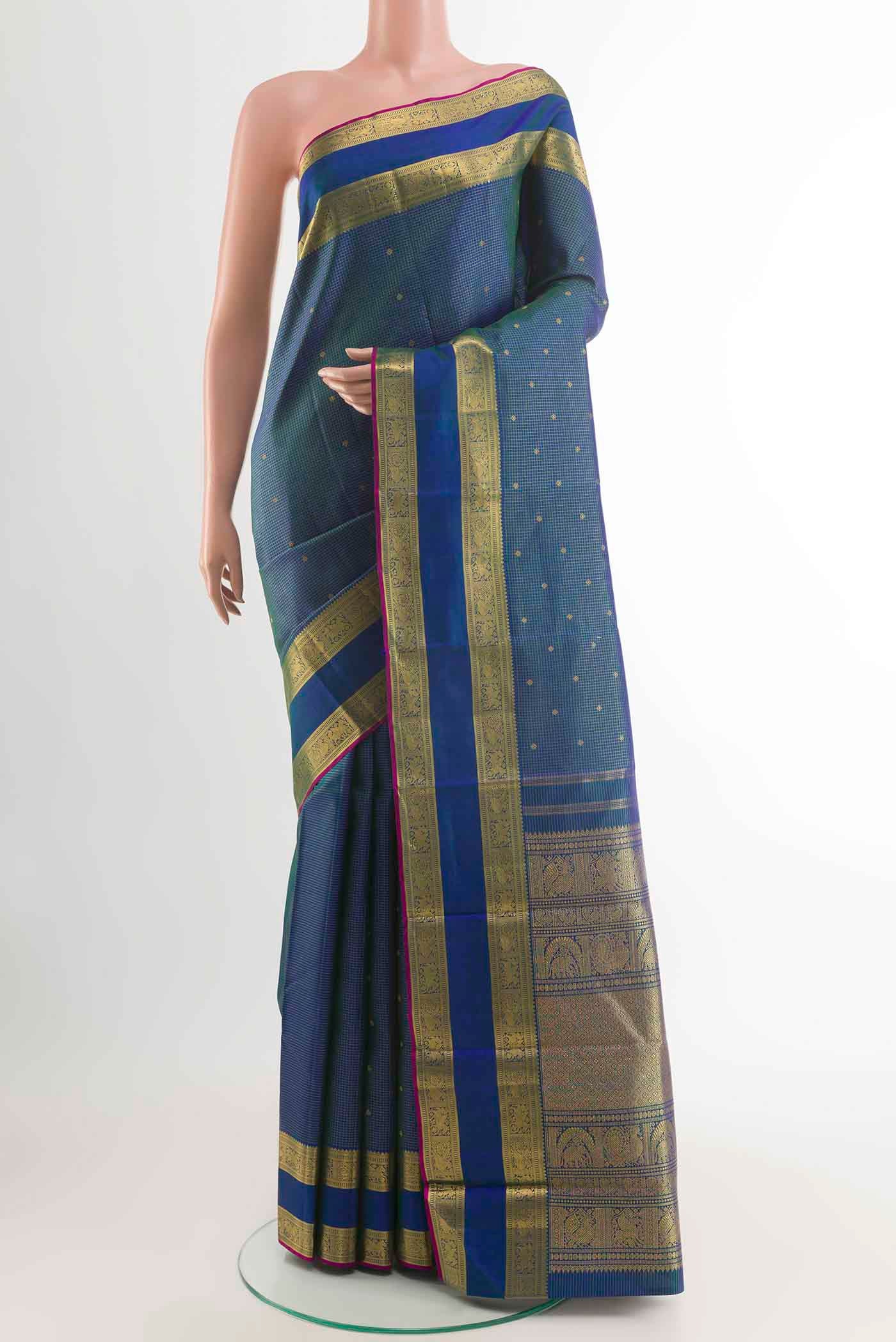 Pure Silk Pure Zari Peacock Blue Kanjivaram Saree