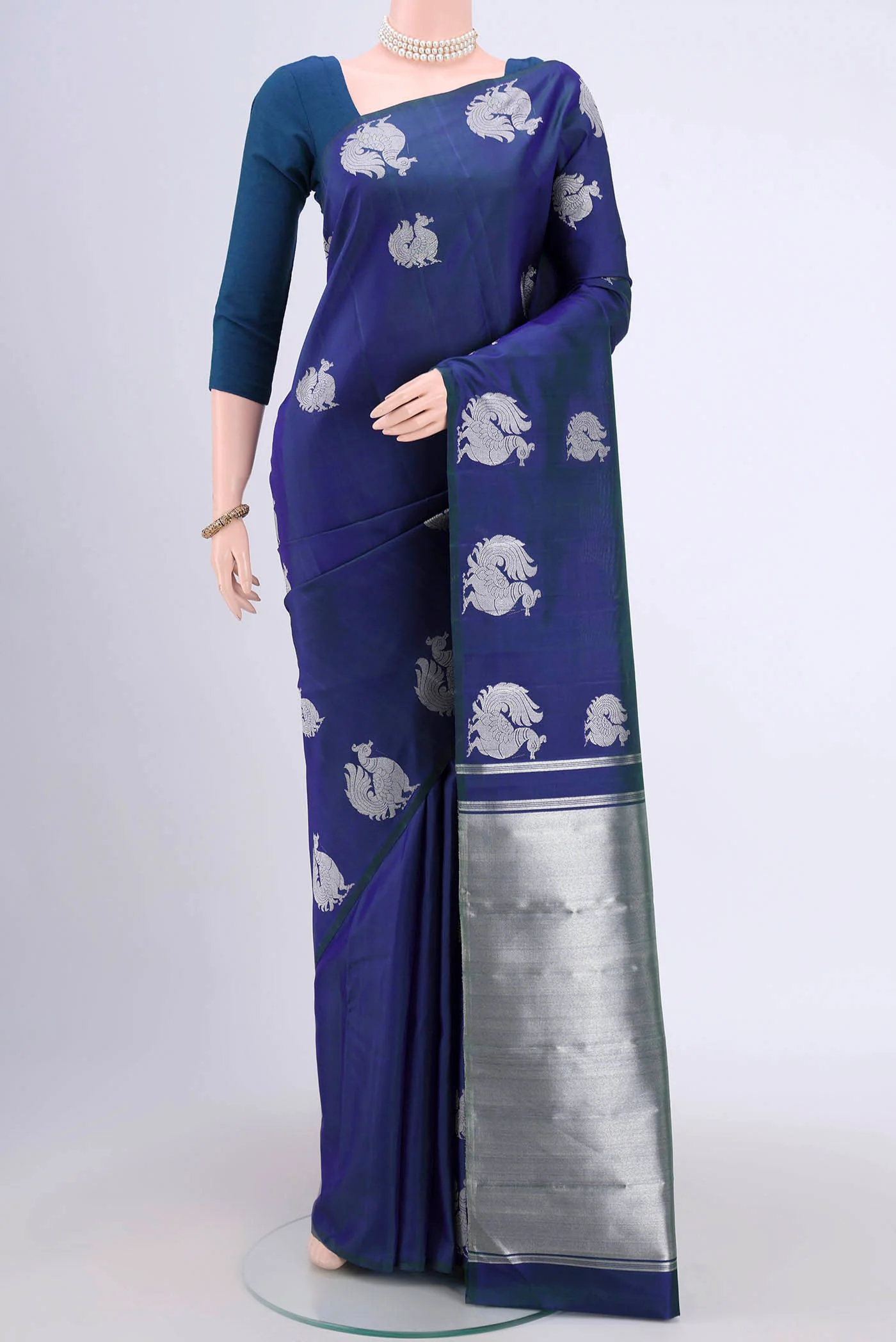 Pure Silk Pure Zari Peacock Blue Kanchipuram Saree