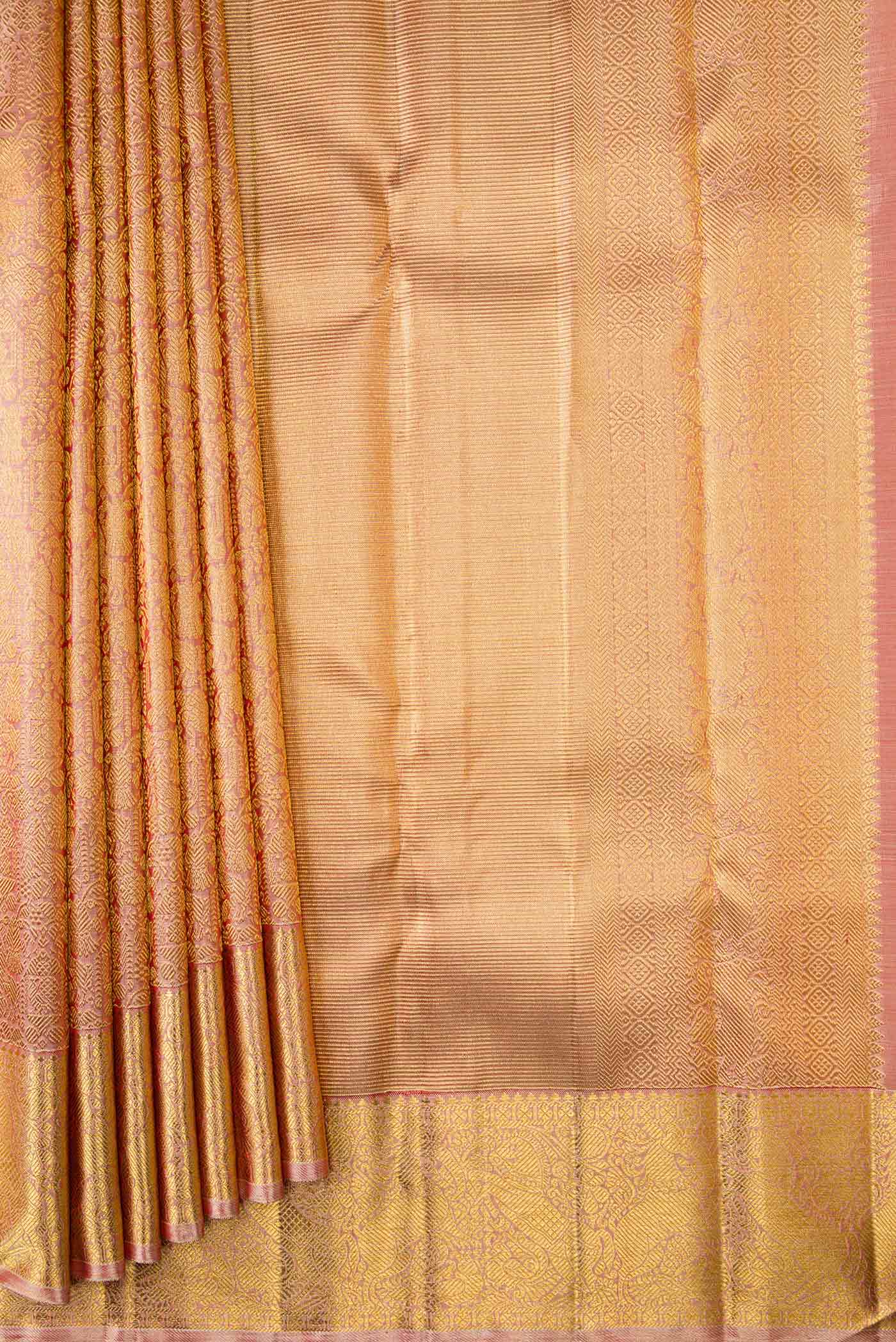 Pure Silk Pure Zari Coral with Gold Color Kanjivaram Saree - Image 4