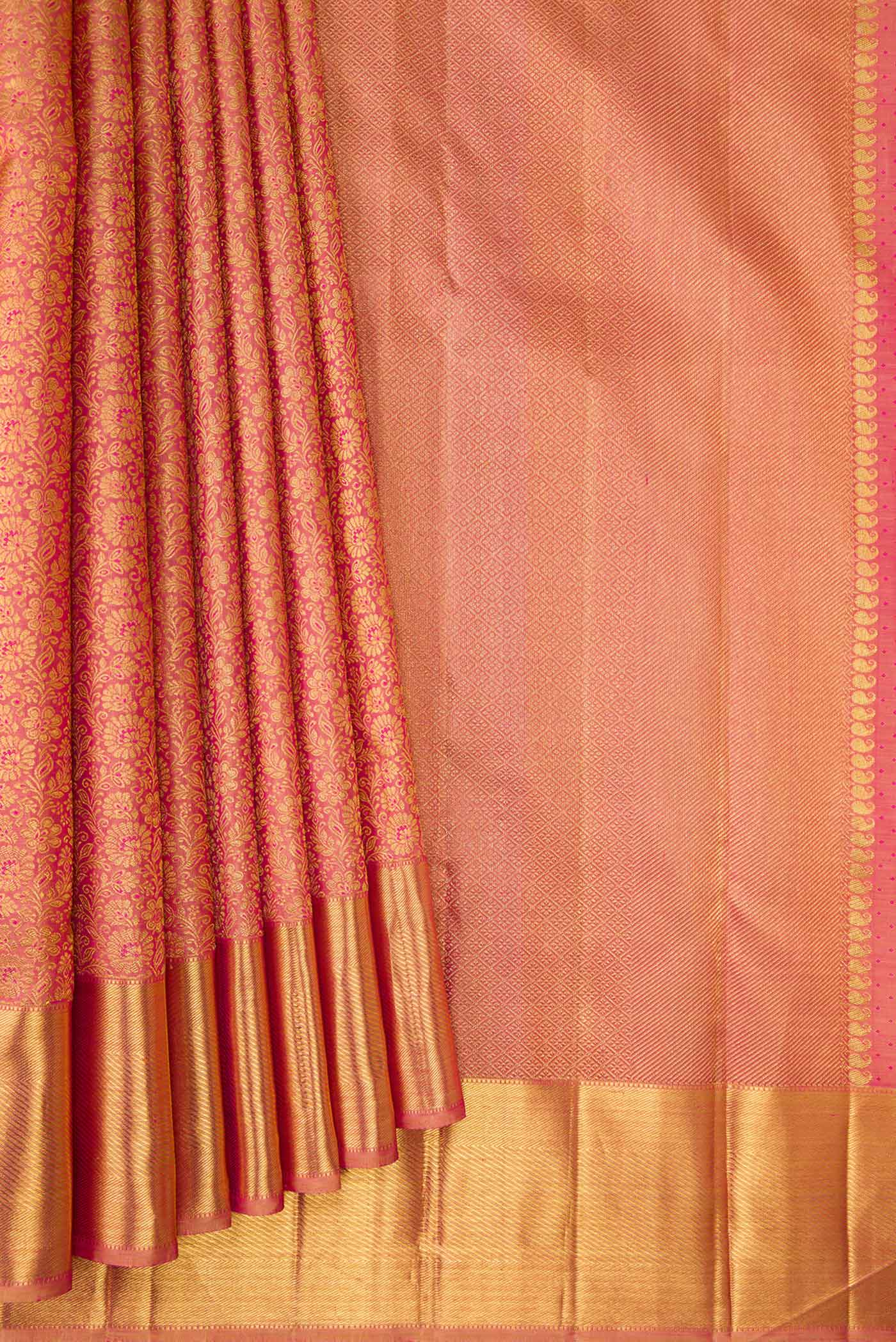 Pure Silk Pure Zari Coral Kanjivaram Saree - Image 4
