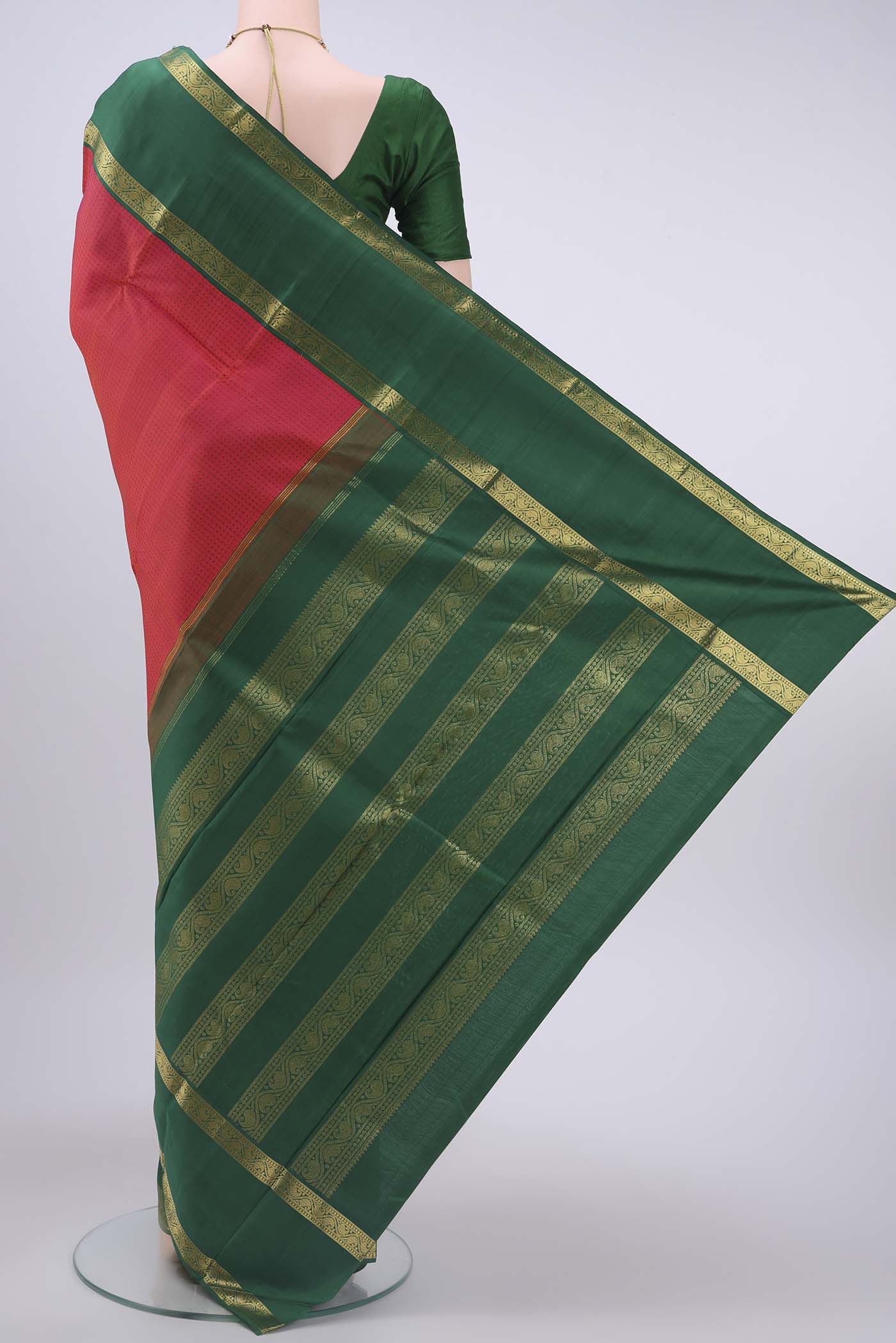 Pure Silk Pure Zari Pink with Orange Color Kanjivaram Saree - Image 3