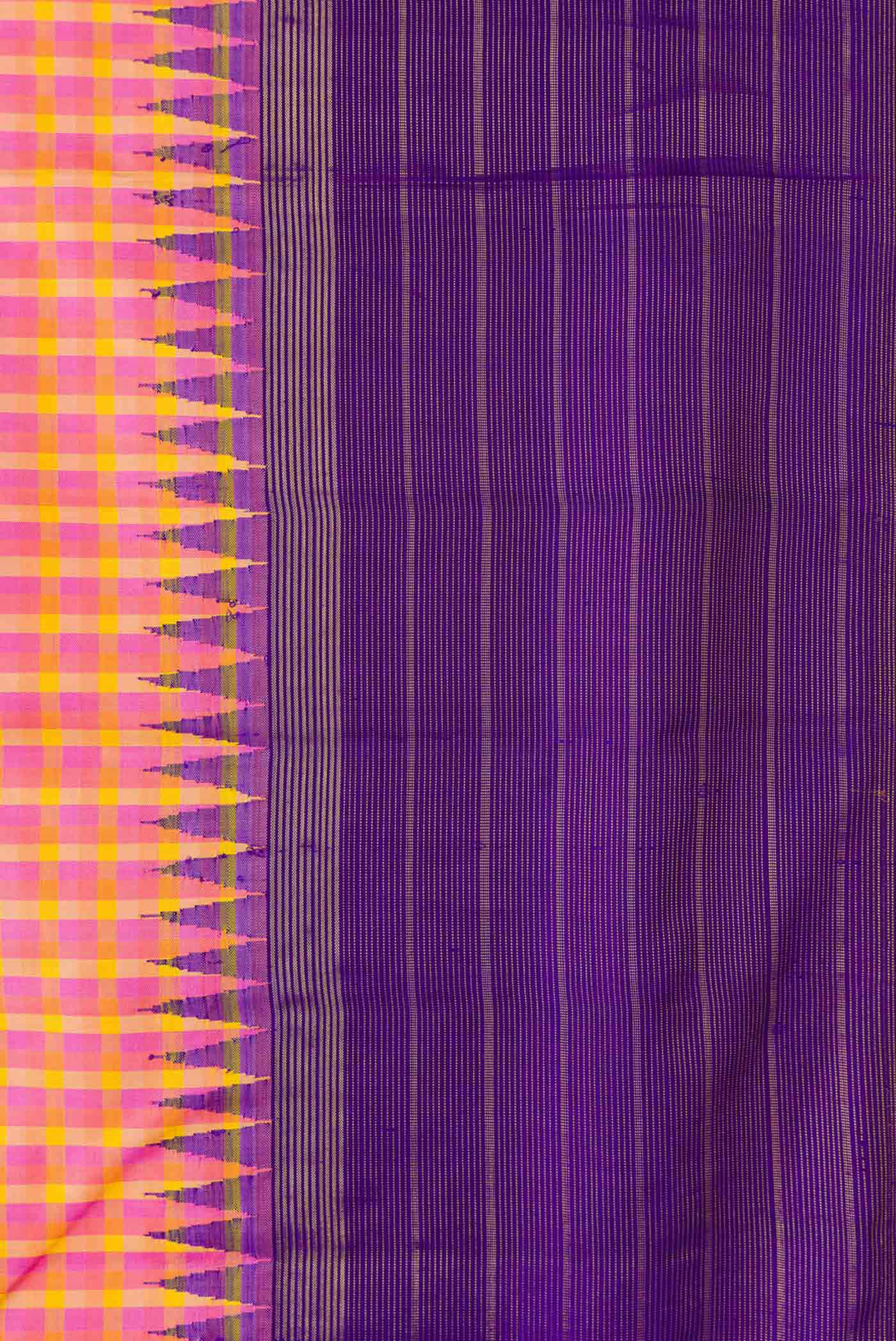 Pure Silk Pure Zari Pink, Purple and Yellow Color Kanjivaram Saree - Image 3