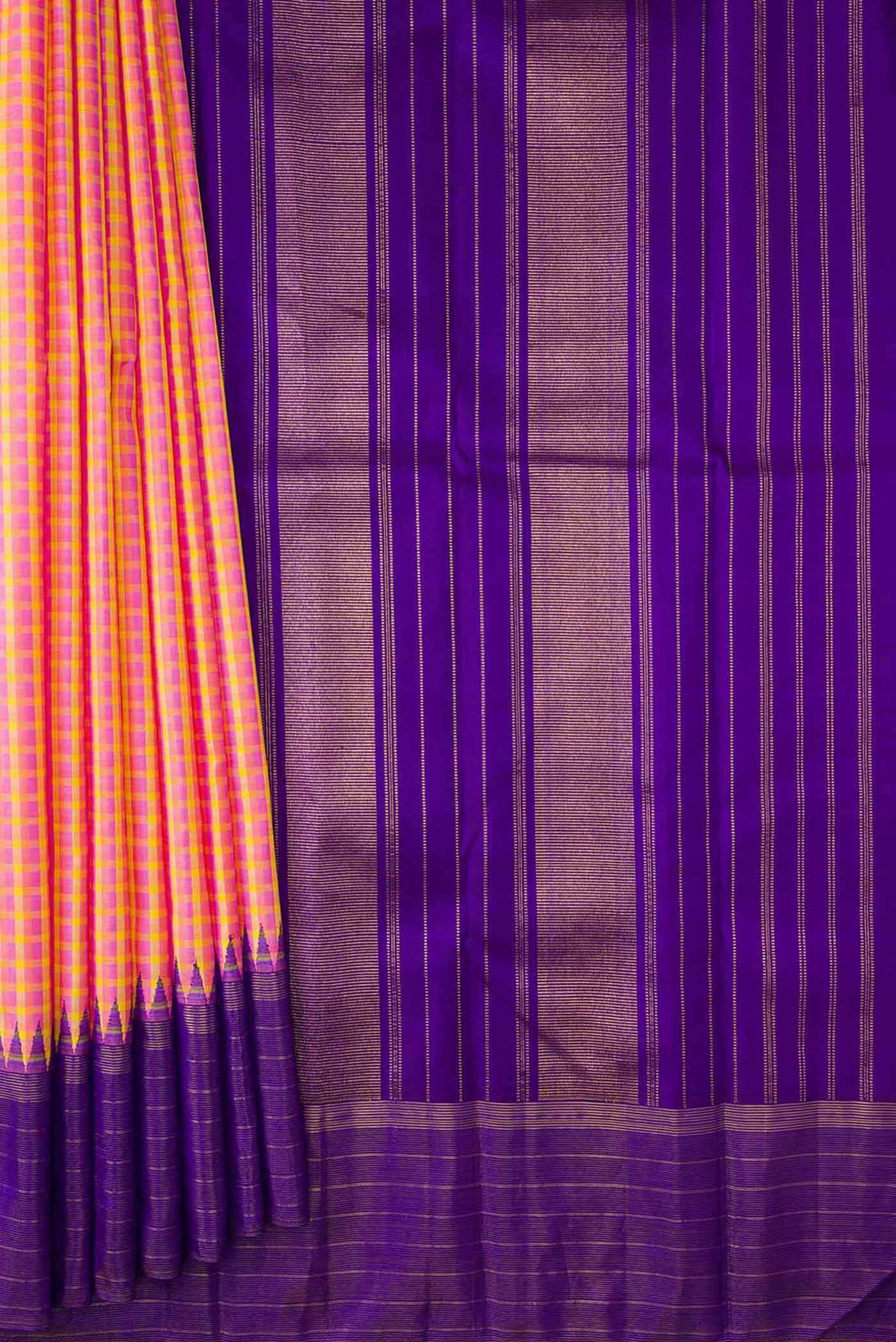 Pure Silk Pure Zari Pink, Purple and Yellow Color Kanjivaram Saree - Image 4