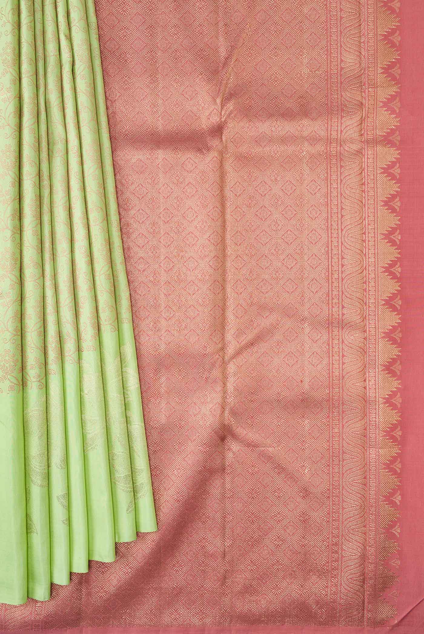 Pure Silk Pure Zari Pista Green Kanjivaram Saree - Image 4
