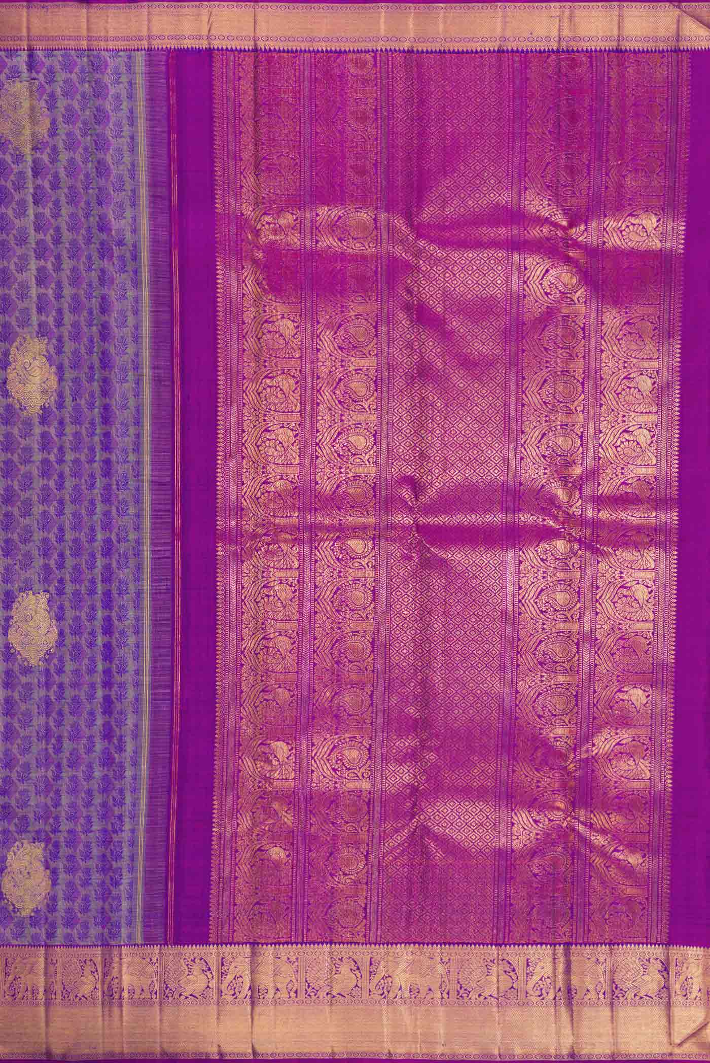 Pure Silk Pure Zari Violet Kanchipuram Saree - Image 7