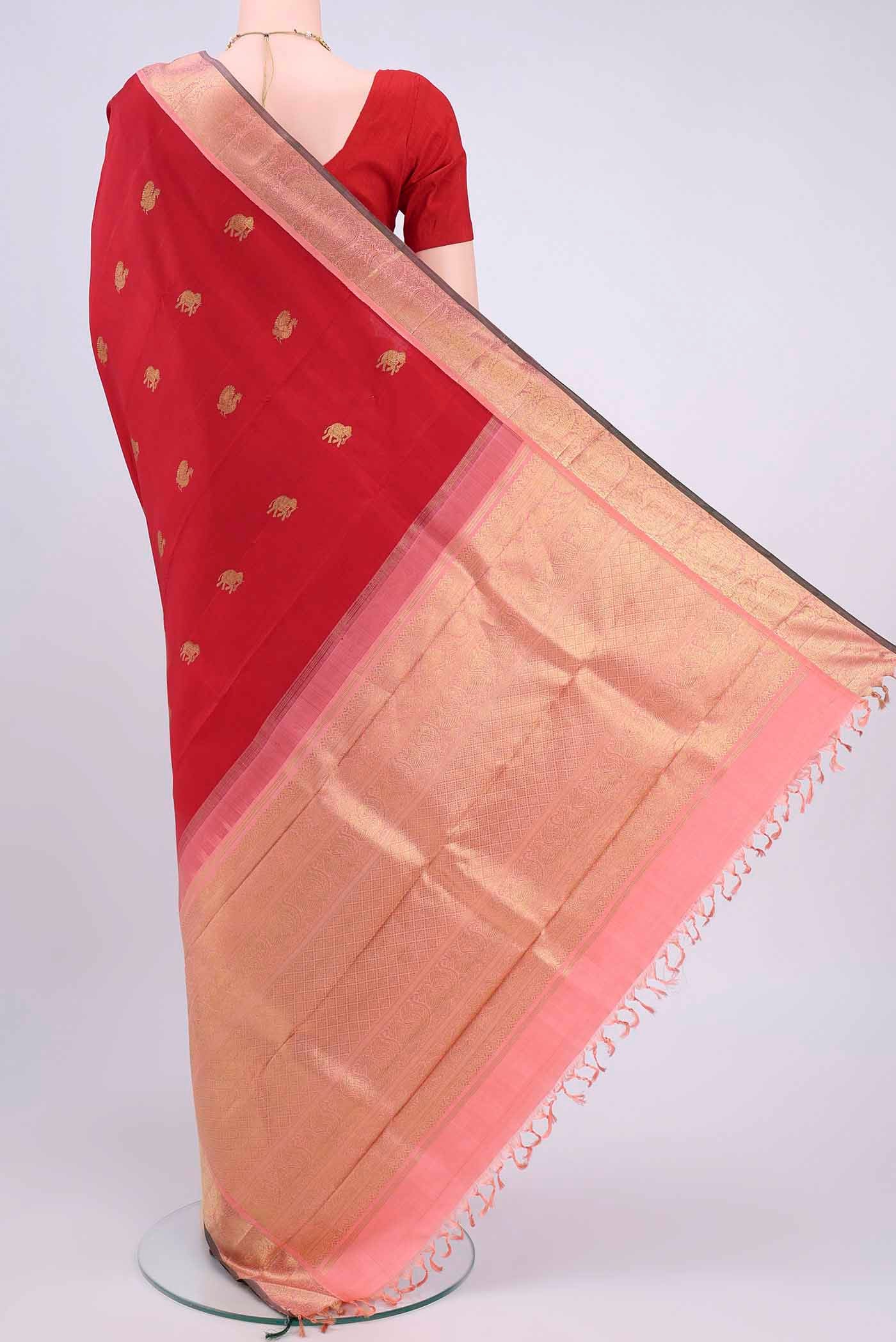 Pure Silk Pure Zari Red Kanchipuram Saree - Image 3