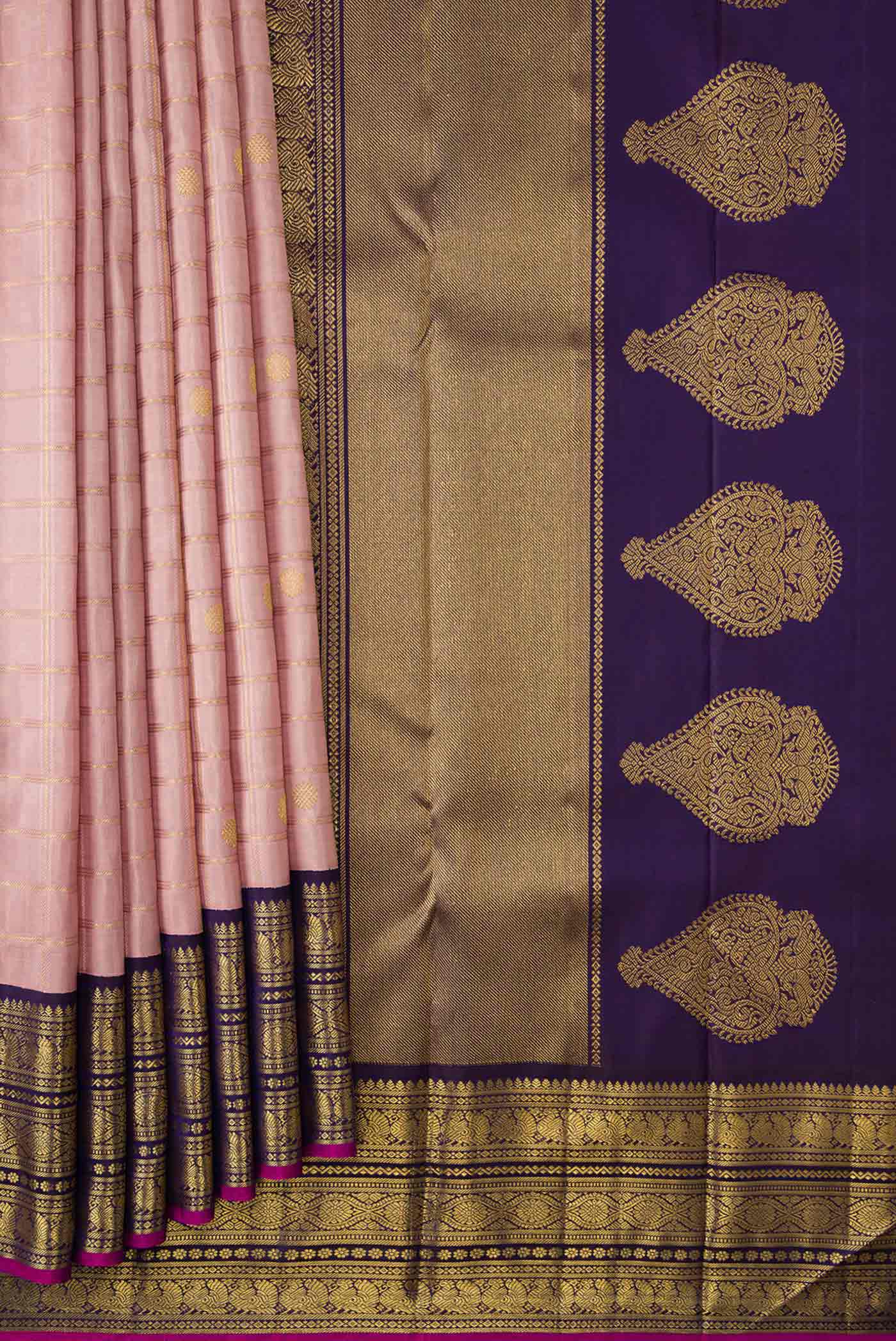 Pure Silk Pure Zari Rose Gold Dual Tone Kanjivaram Saree - Image 4
