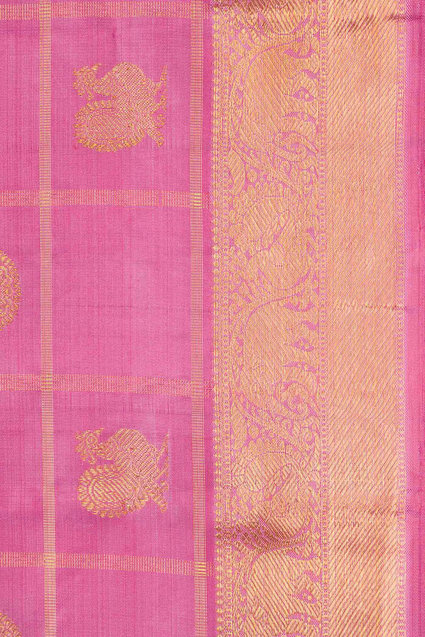 Pure Silk Pure Zari Rose pink Dual Tone Kanjivaram Saree - Image 3