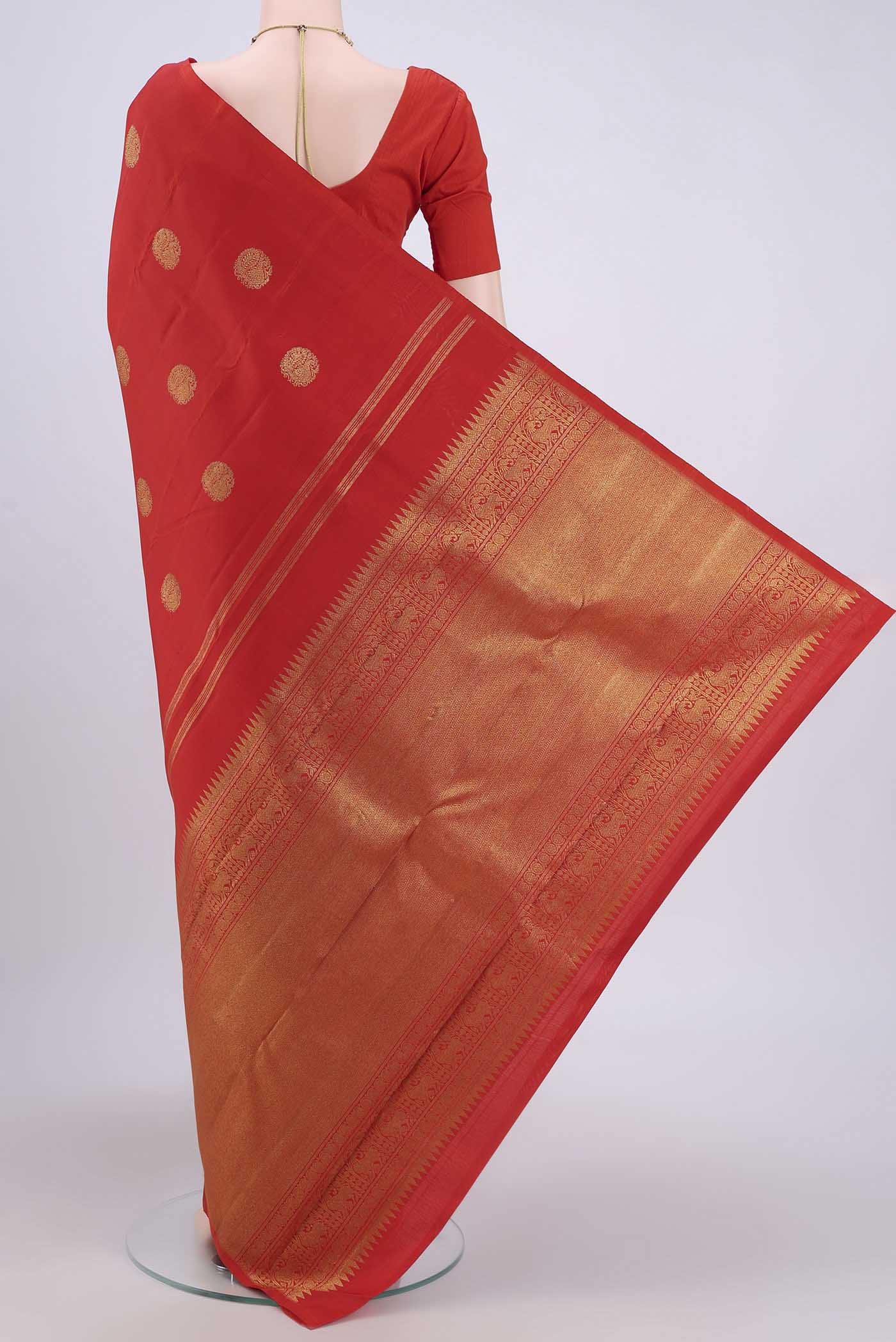 Pure Silk Pure Zari Orange Kanchipuram Saree - Image 3
