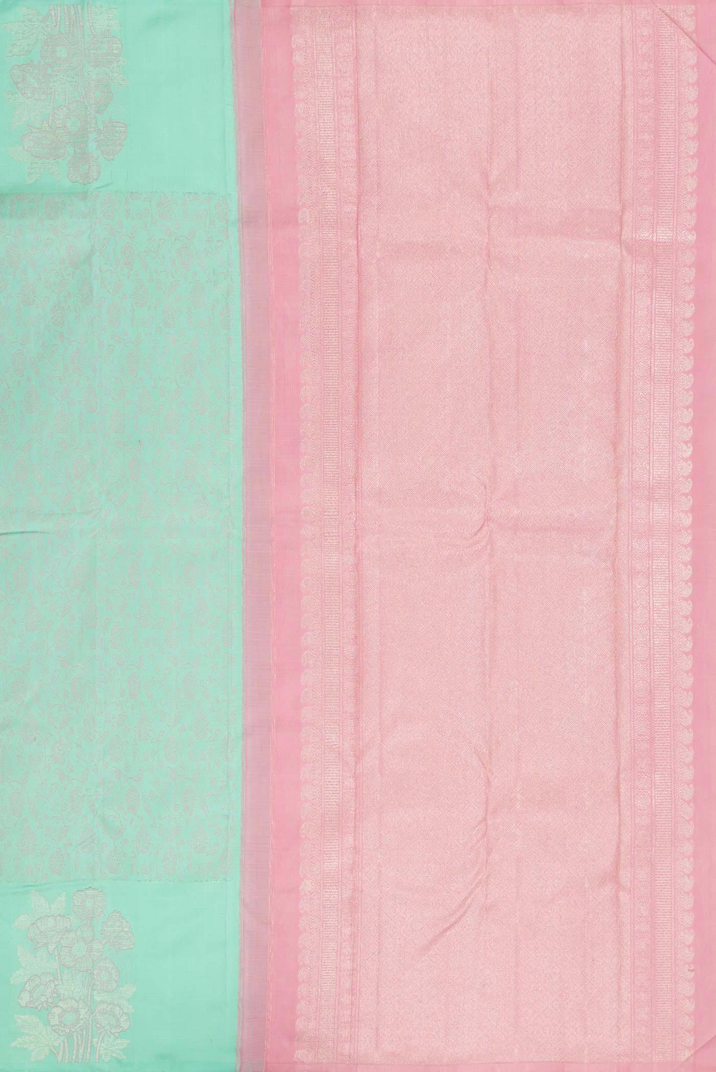 Pure Silk Pure Zari Sea Green Dual Tone Kanchipuram Saree - Image 7