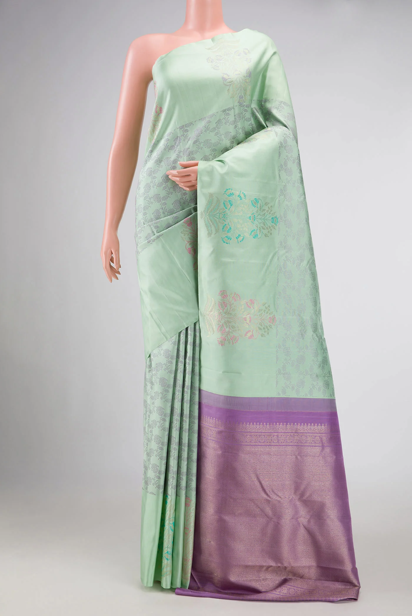 Pure Silk Pure Zari Sea Green Dual Tone Kanchipuram Saree