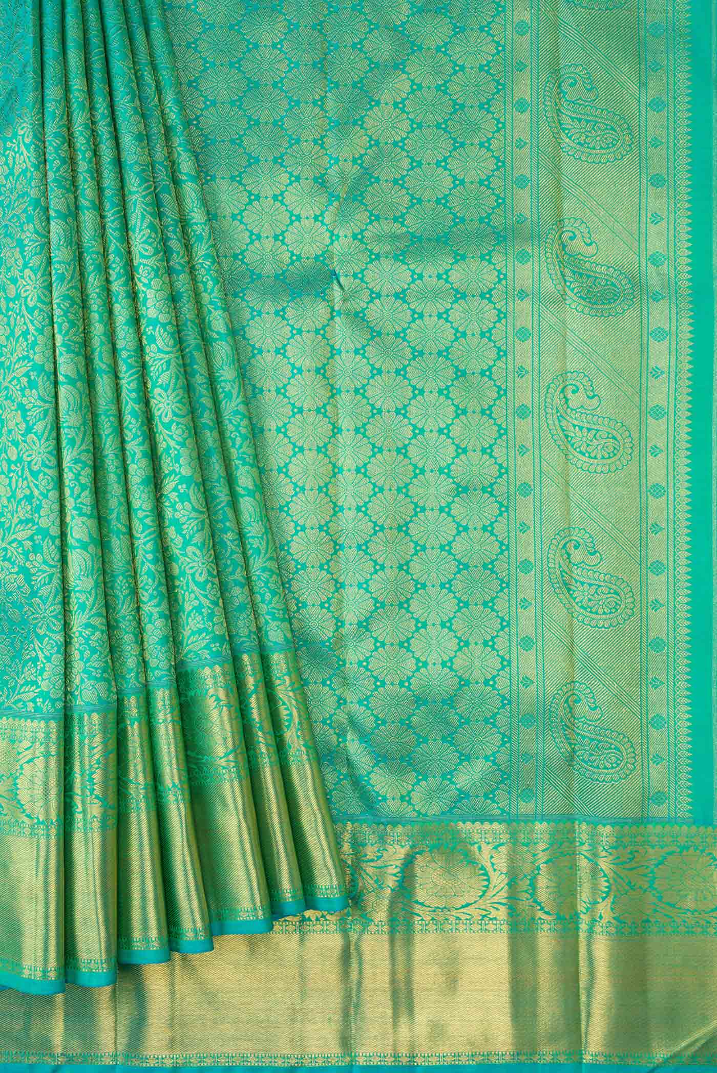 Pure Silk Pure Zari Sea Green Dual Tone Kanjivaram Saree - Image 4