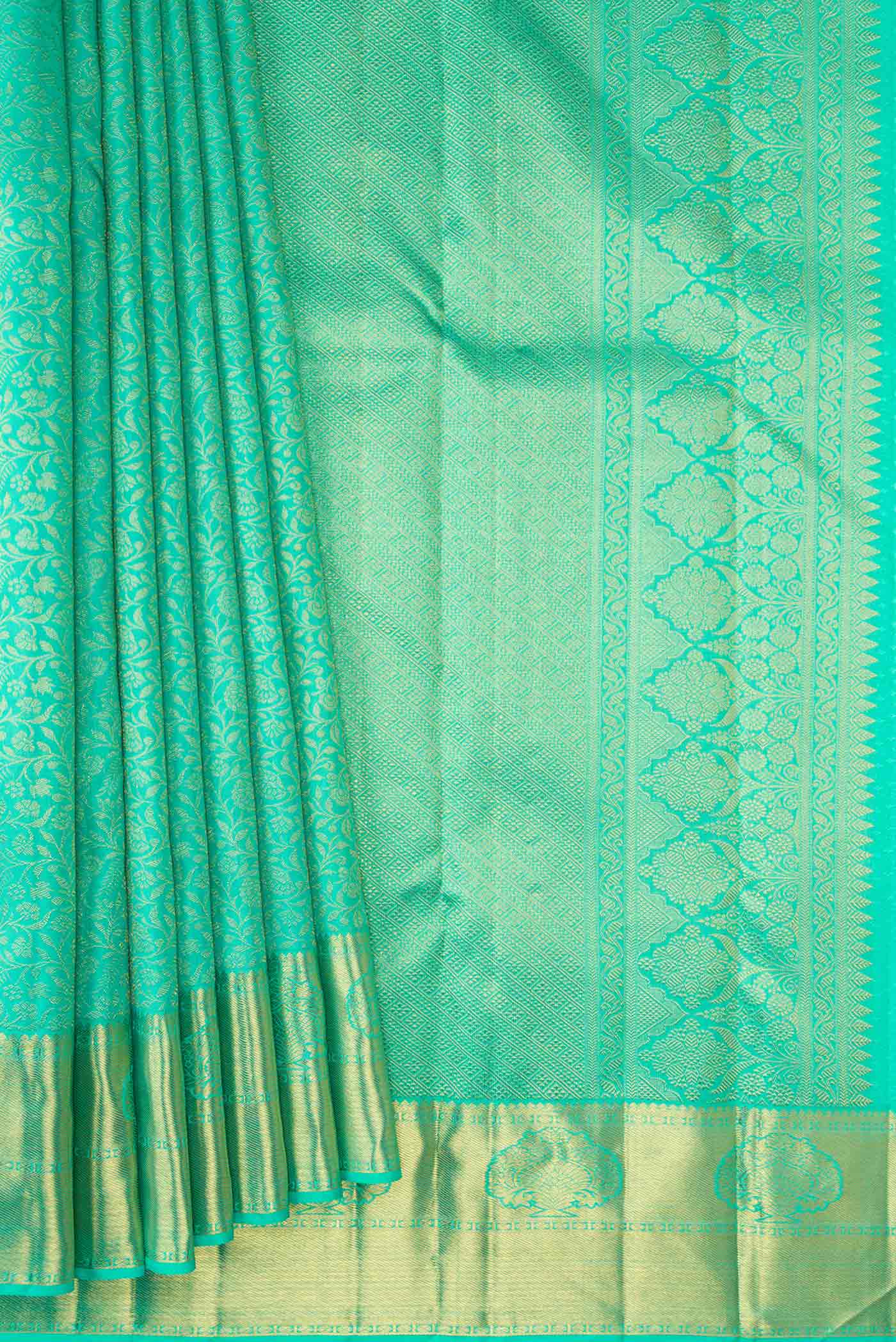 Pure Silk Pure Zari Sea Green Dual Tone Kanjivaram Saree - Image 4