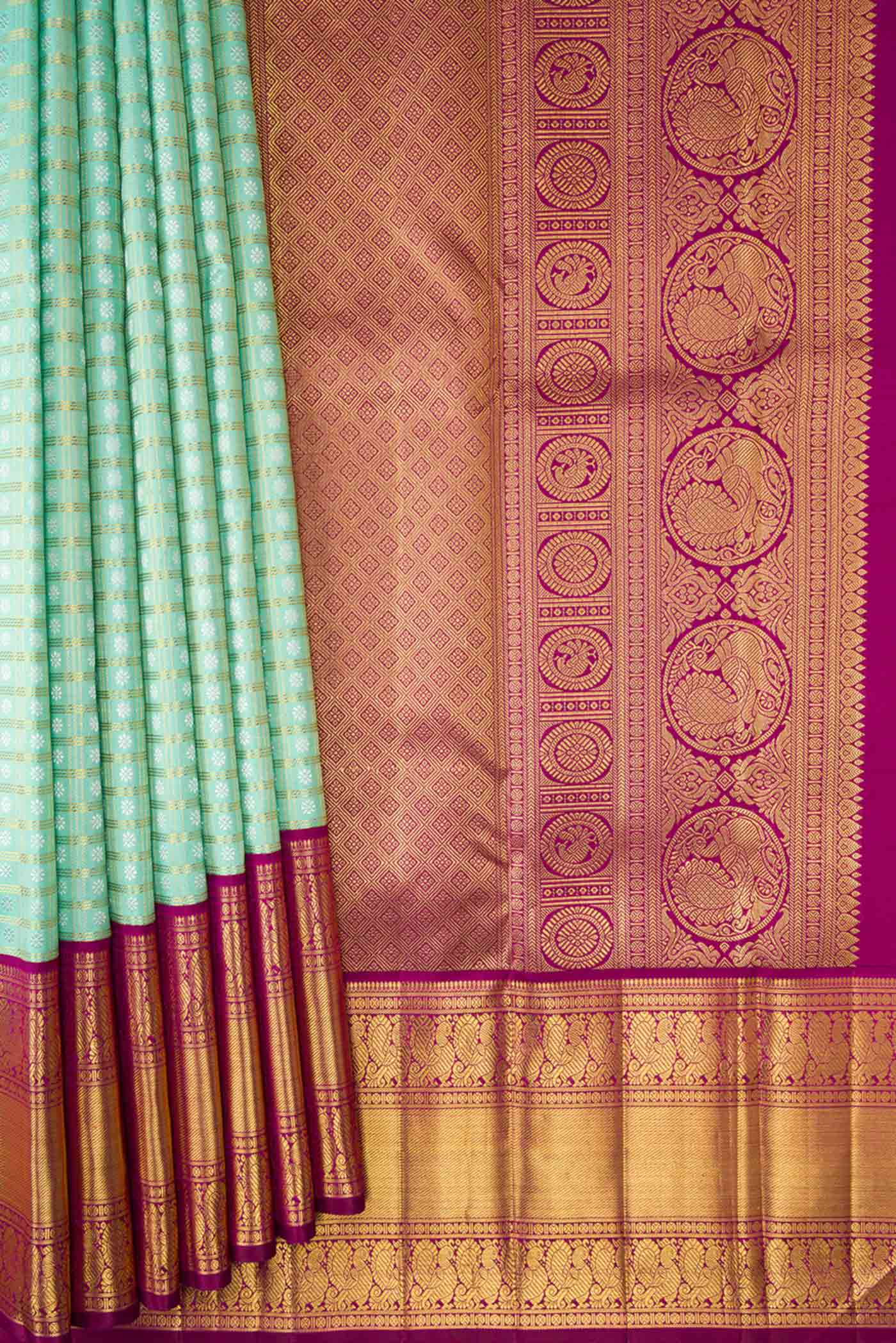 Pure Silk Pure Zari Sea Green Dual Tone Kanjivaram Saree - Image 4