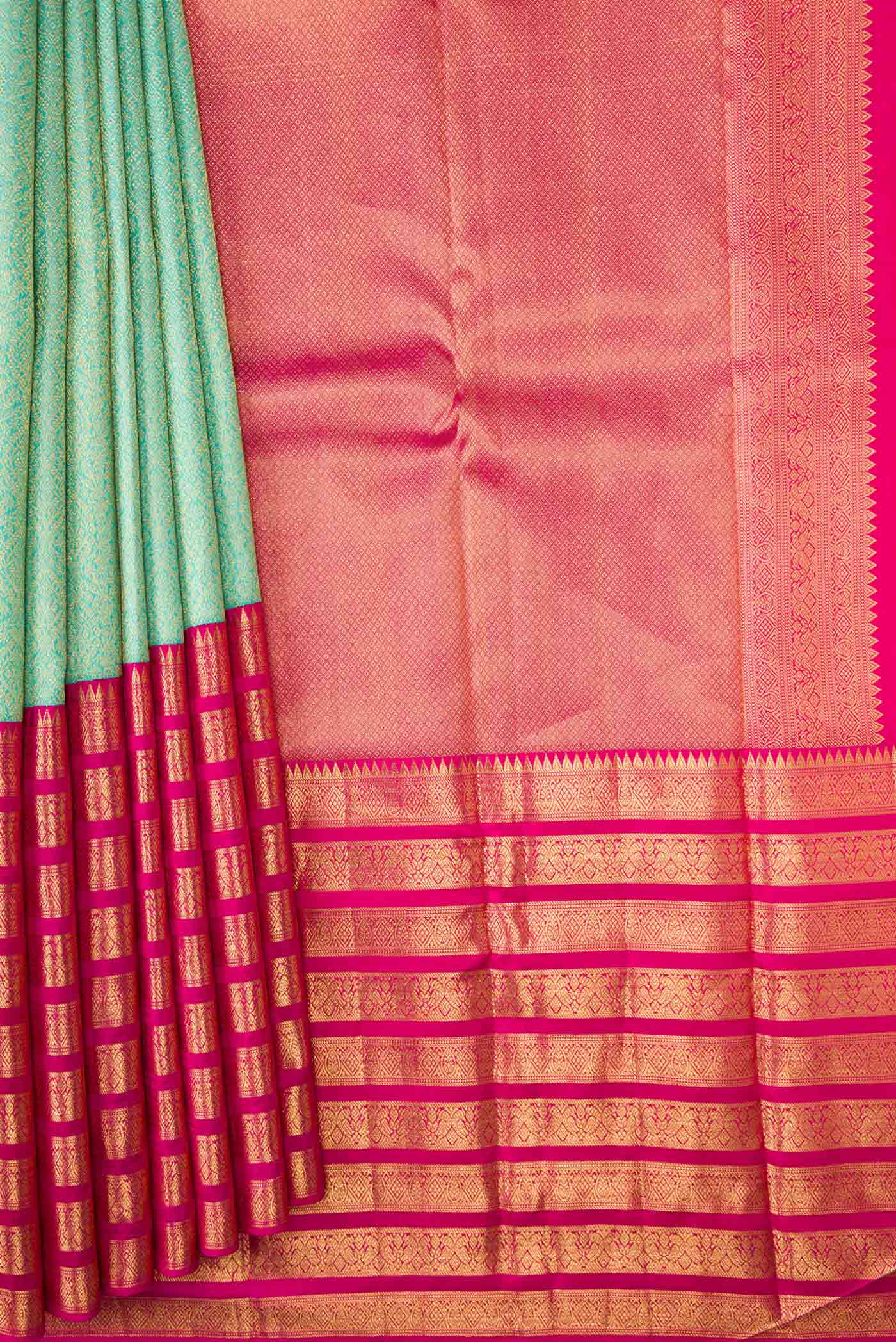 Pure Silk Pure Zari Sea Green Dual Tone Kanchipuram Saree - Image 4