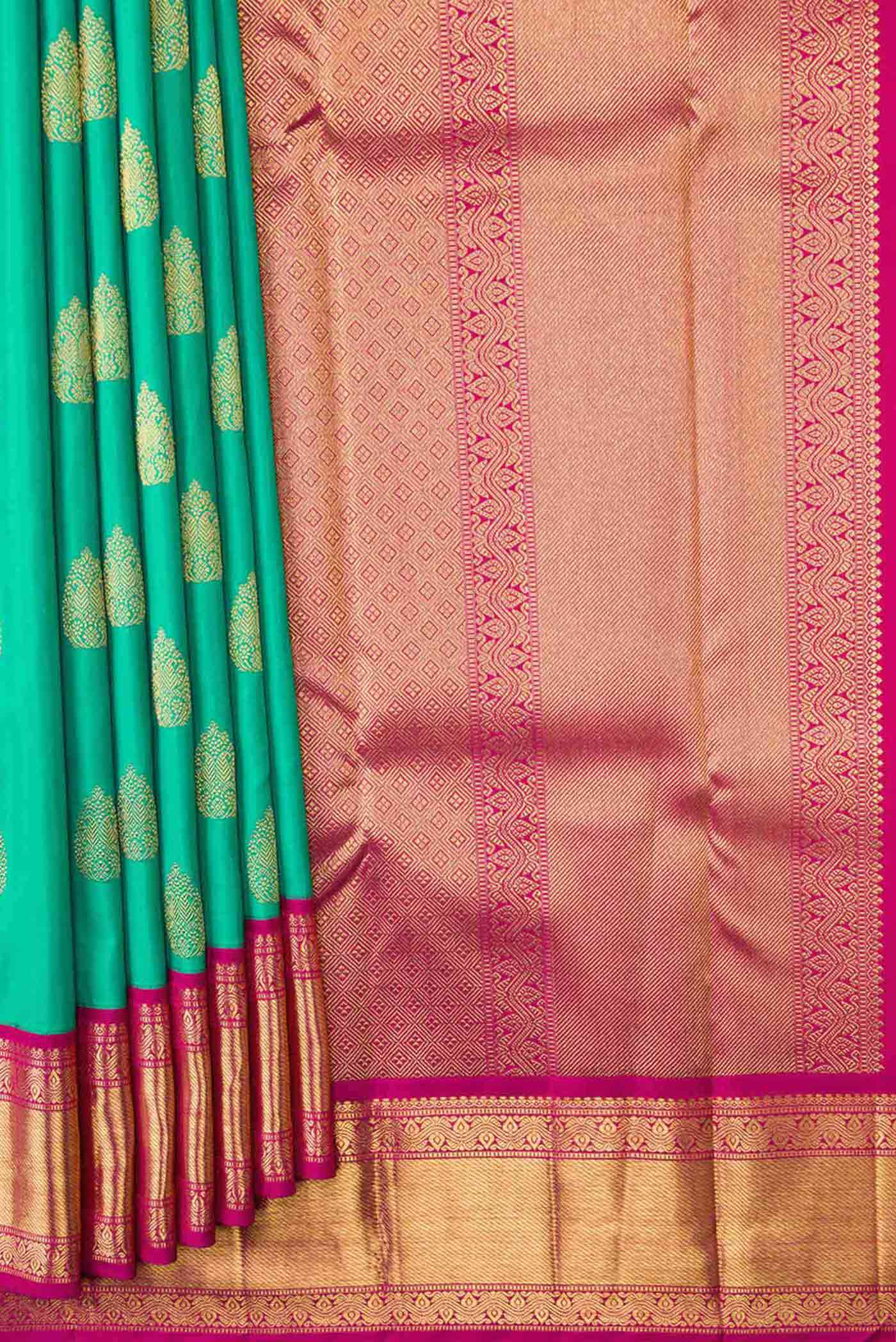 Pure Silk Pure Zari Sea Green Dual Tone Kanjivaram Saree - Image 4