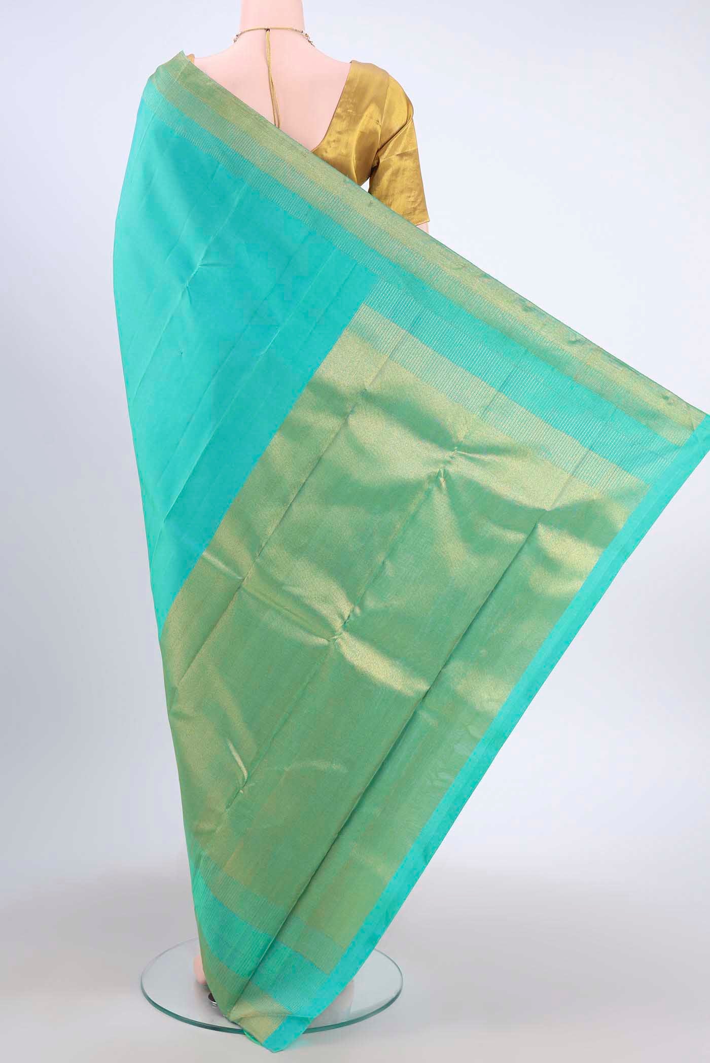 Pure Silk Pure Zari Sea Green Dual Tone Kanchipuram Saree - Image 3