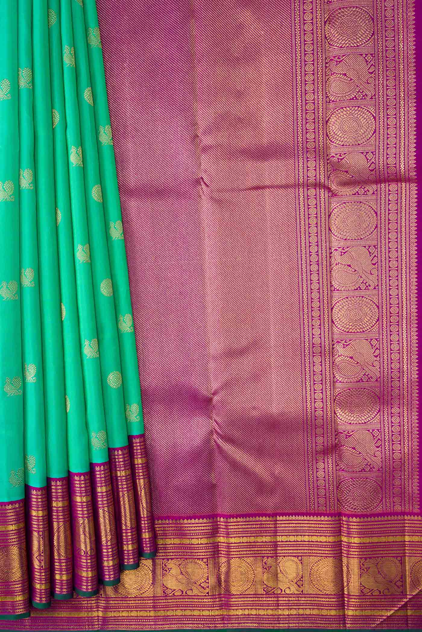 Pure Silk Pure Zari Sea Green Dual Tone Kanjivaram Saree - Image 4