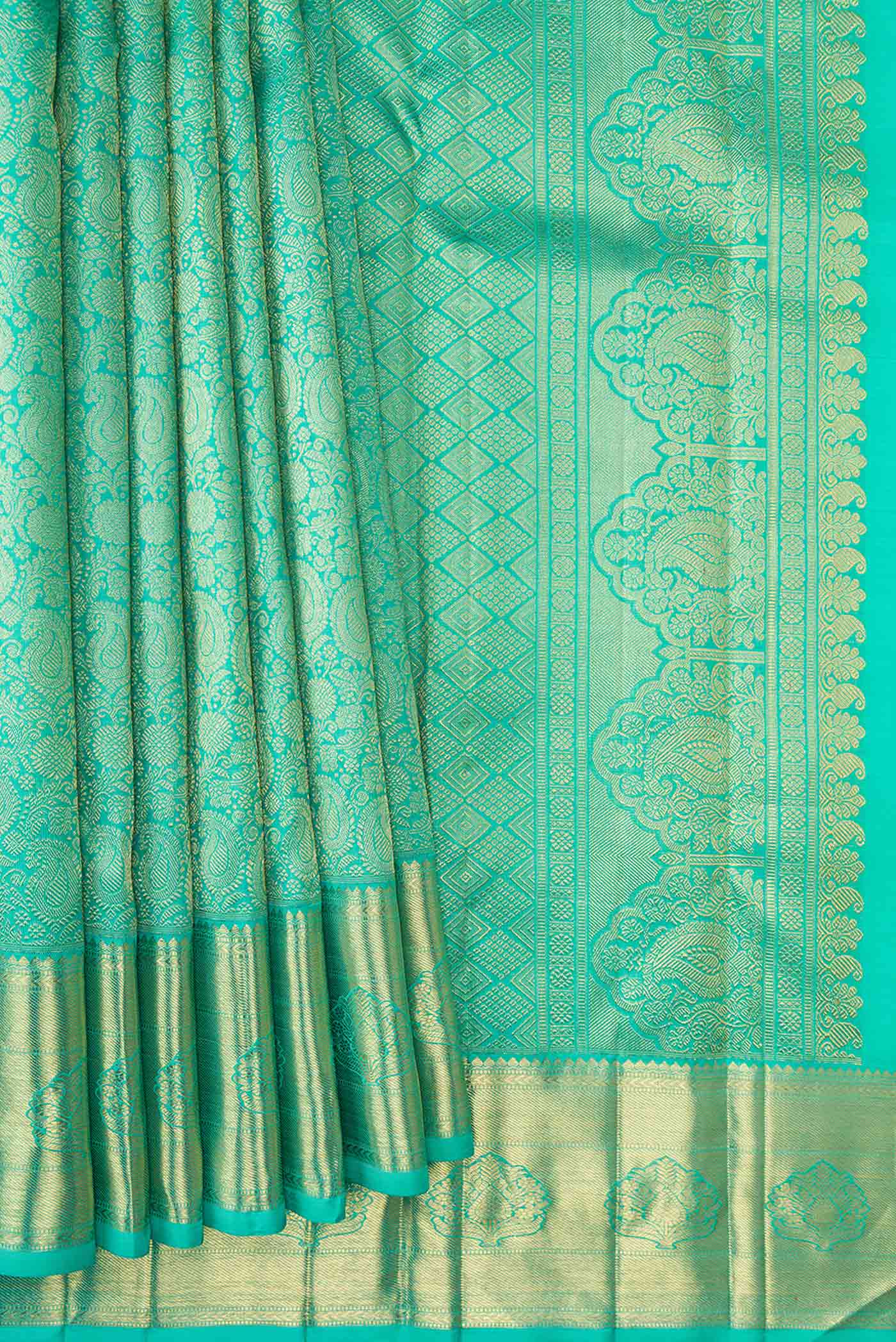 Pure Silk Pure Zari Sea Green Dual Tone Kanjivaram Saree - Image 4
