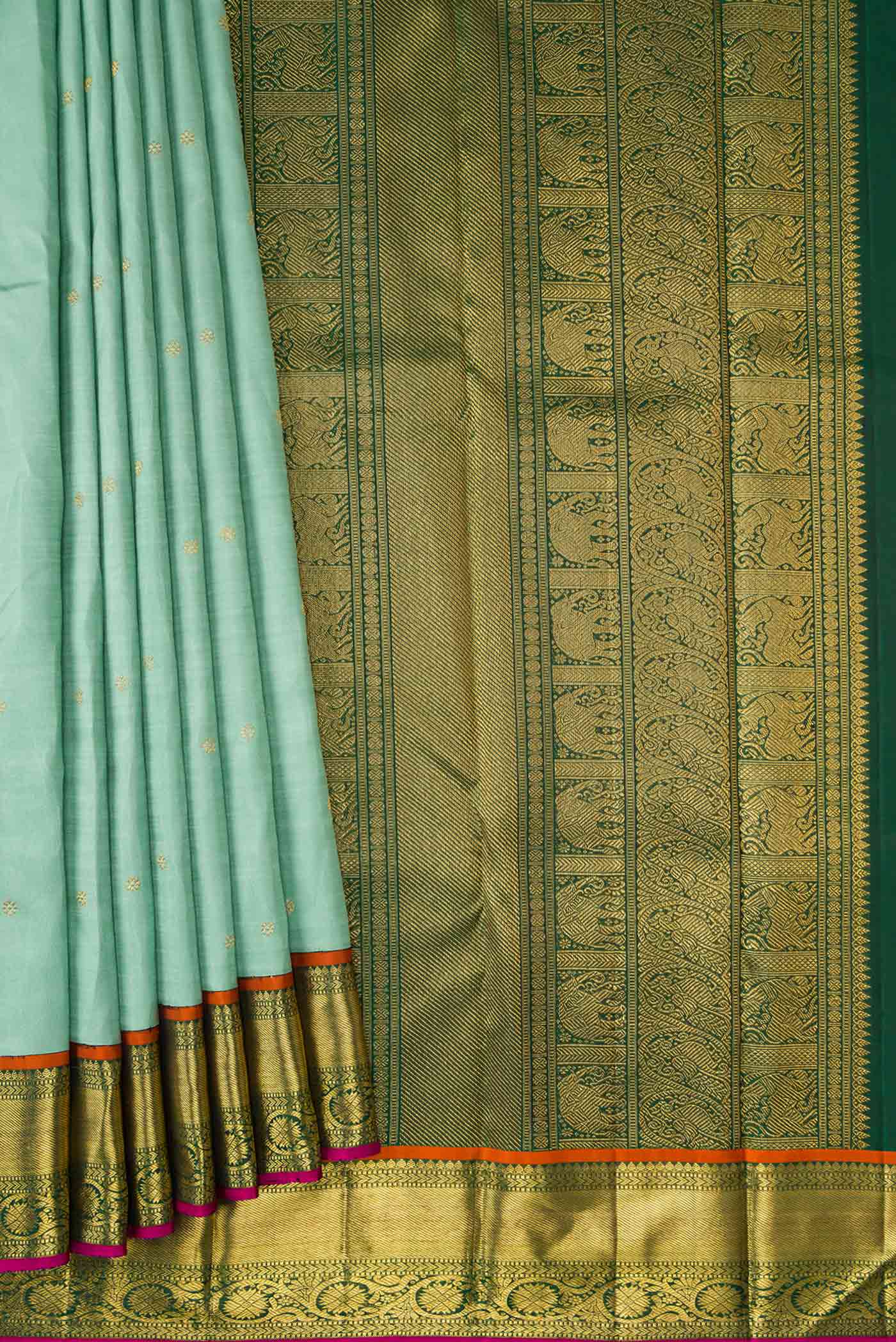 Pure Silk Pure Zari Sea Green Dual Tone Kanjivaram Saree - Image 4