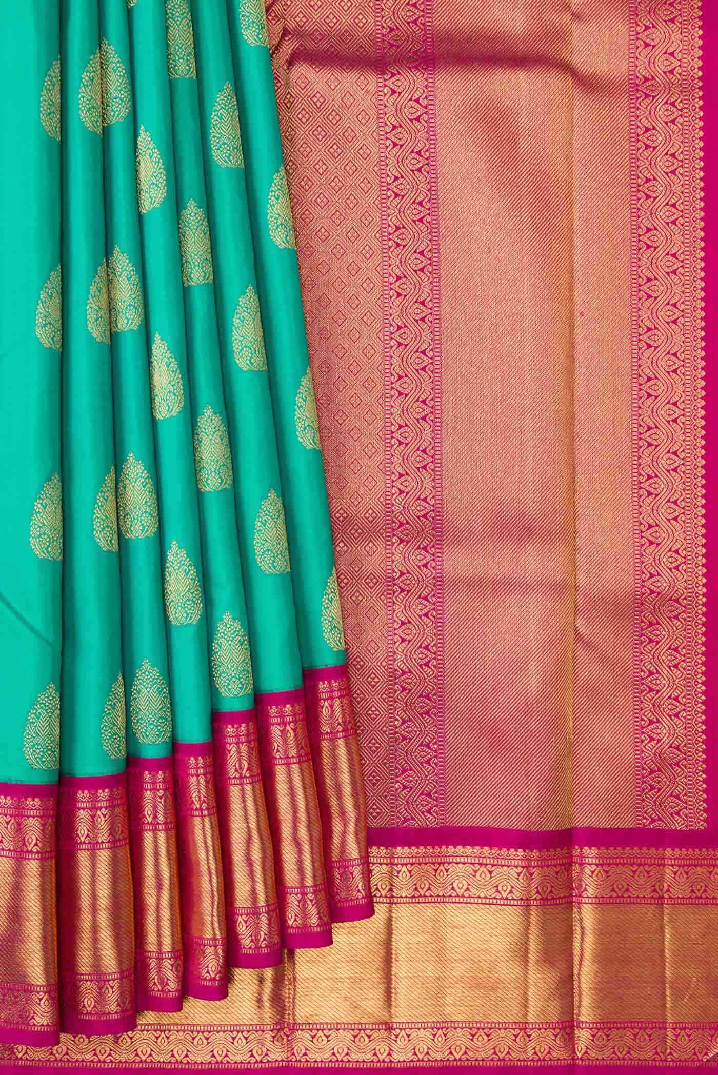Pure Silk Pure Zari Sea Green Dual Tone Kanjivaram Saree - Image 4