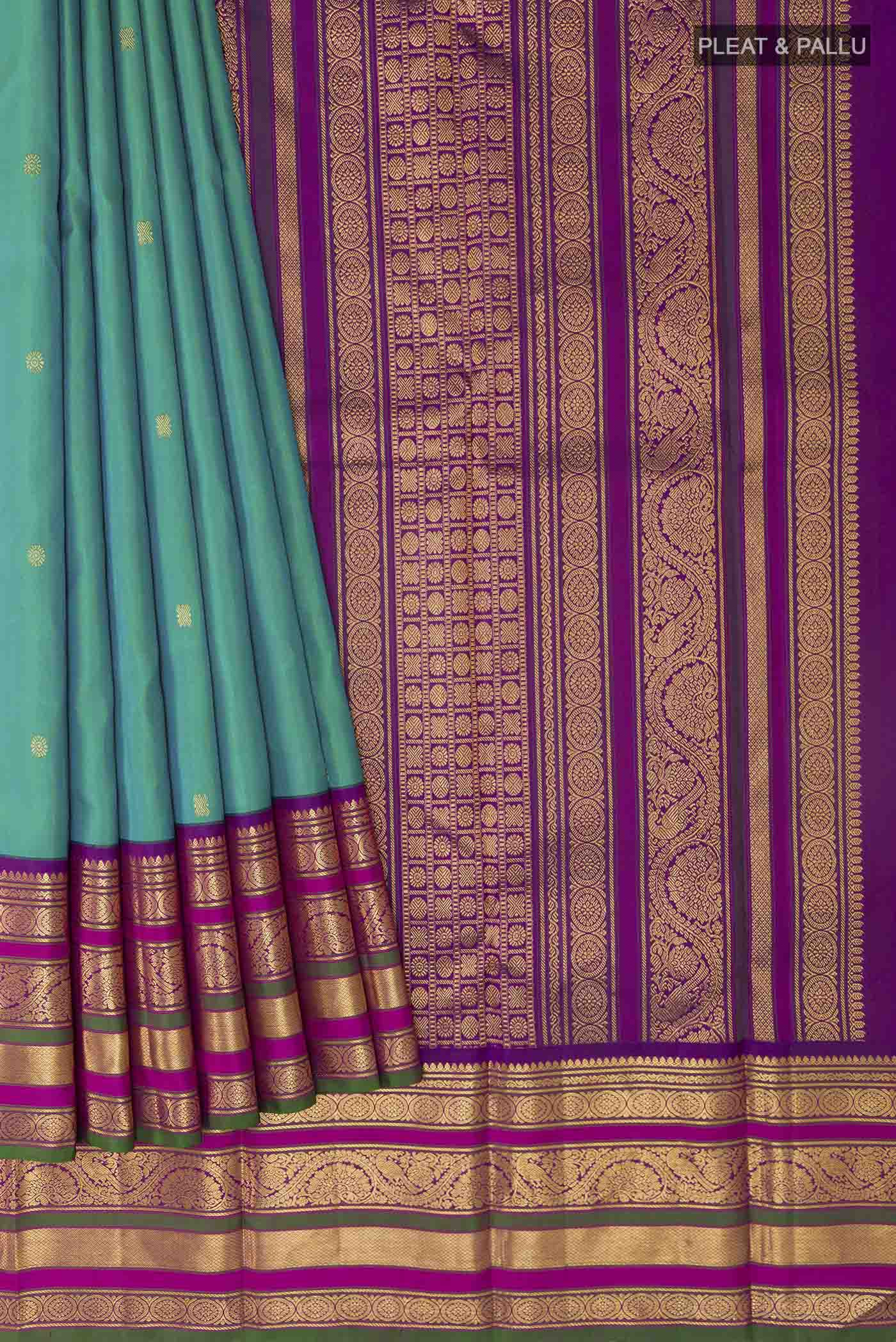 Green with Blue Color Kanjivaram Silk Saree - Image 4