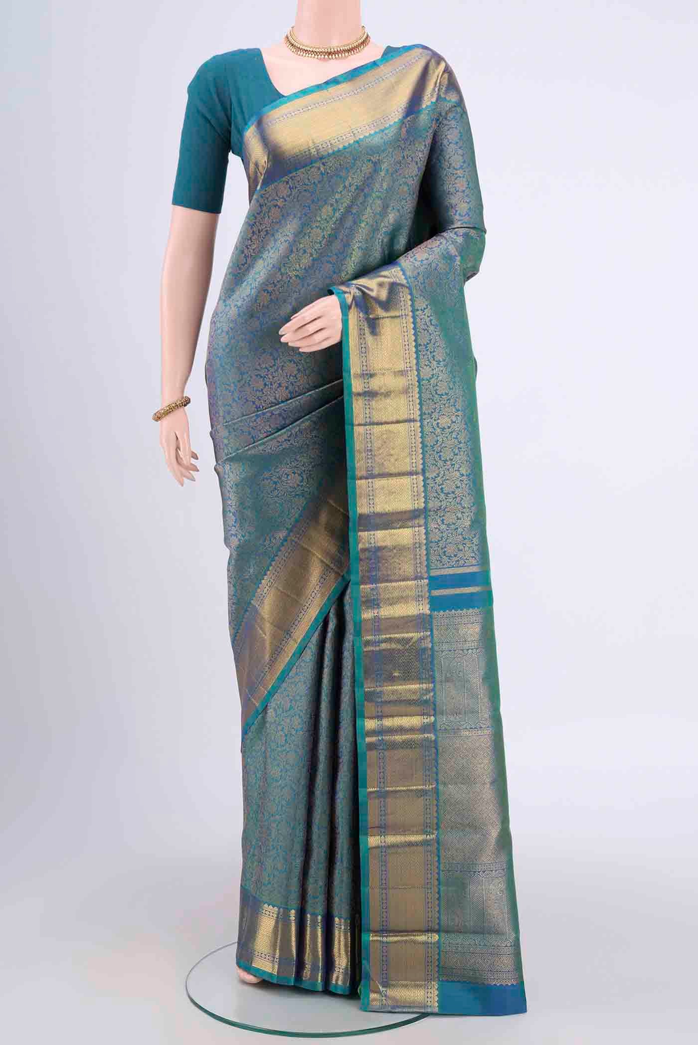 Pure Silk Pure Zari Peacock Blue Kanjivaram Saree