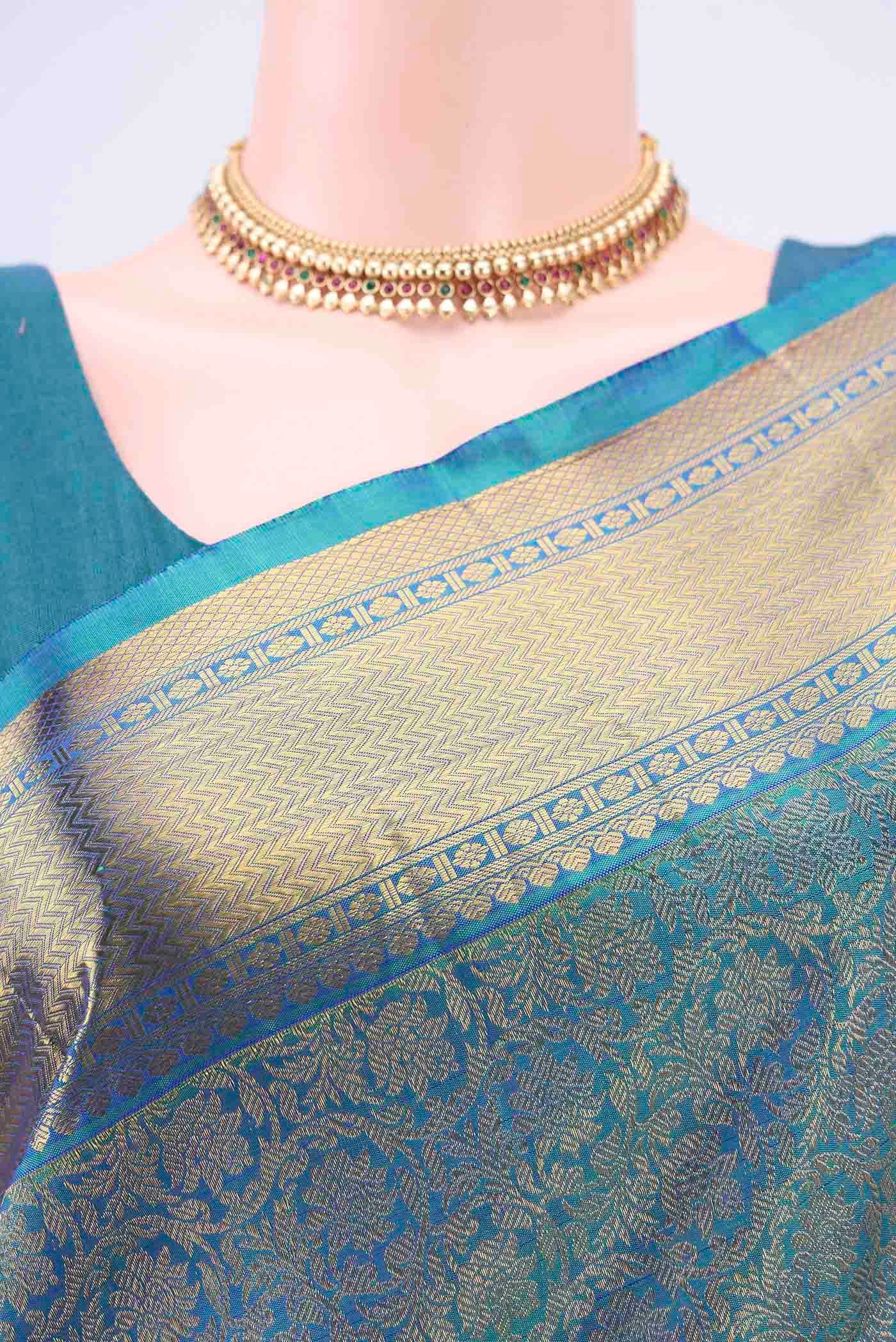 Pure Silk Pure Zari Peacock Blue Kanjivaram Saree - Image 2